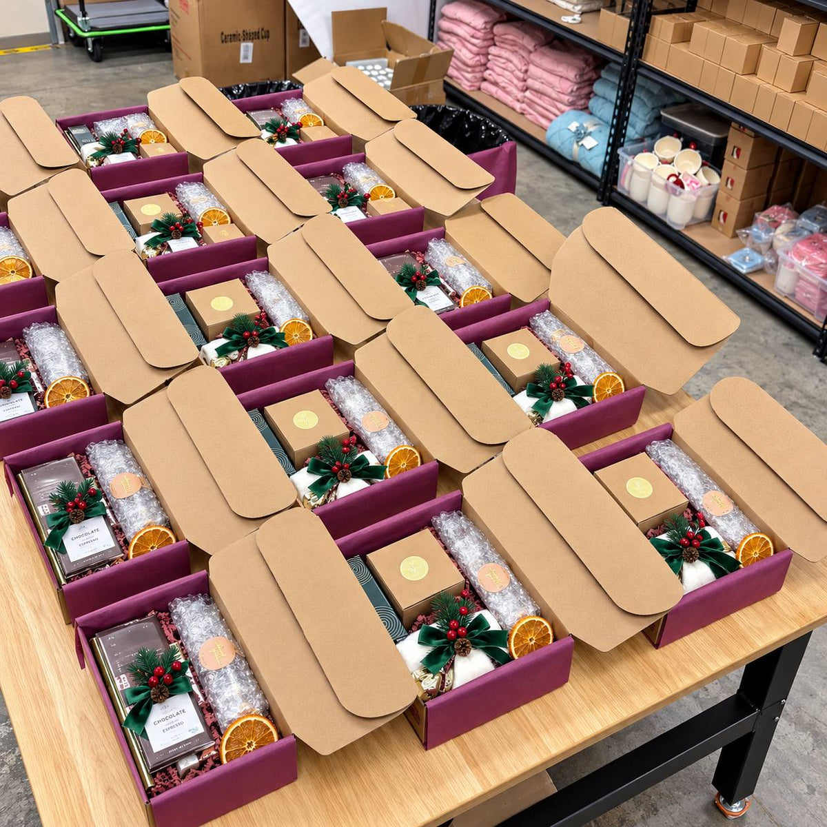 Open burgundy gift boxes arranged on a packing table with chocolate bars, wrapped items, dried orange slices and green ribbon decorations.