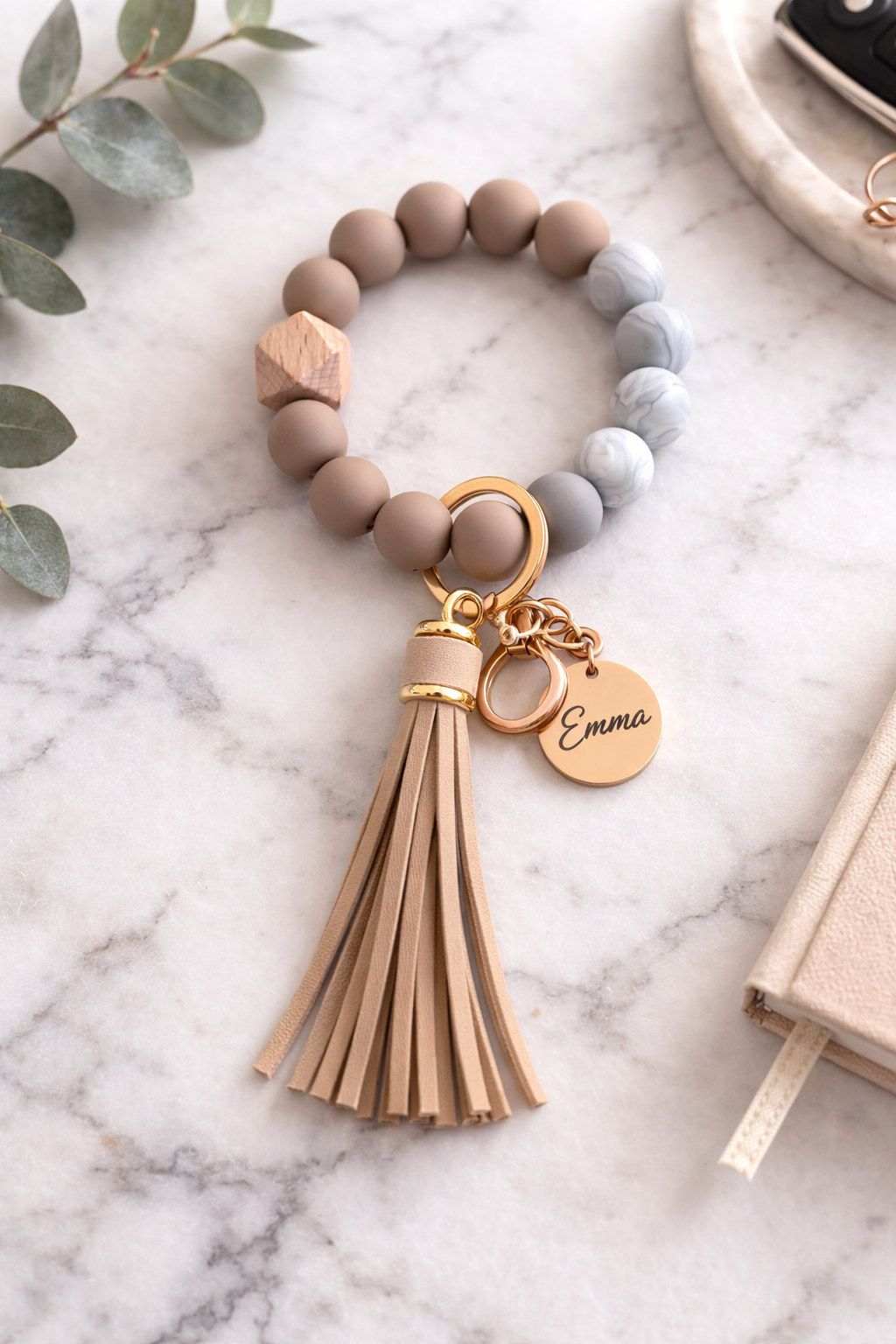 Beige & Gray Bracelet Keychain — Personalized Wristlet with Engraved Charm