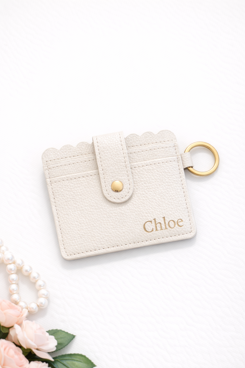 Cream Card Holder Keychain Wallet — Personalized Leather Wallet with Keyring