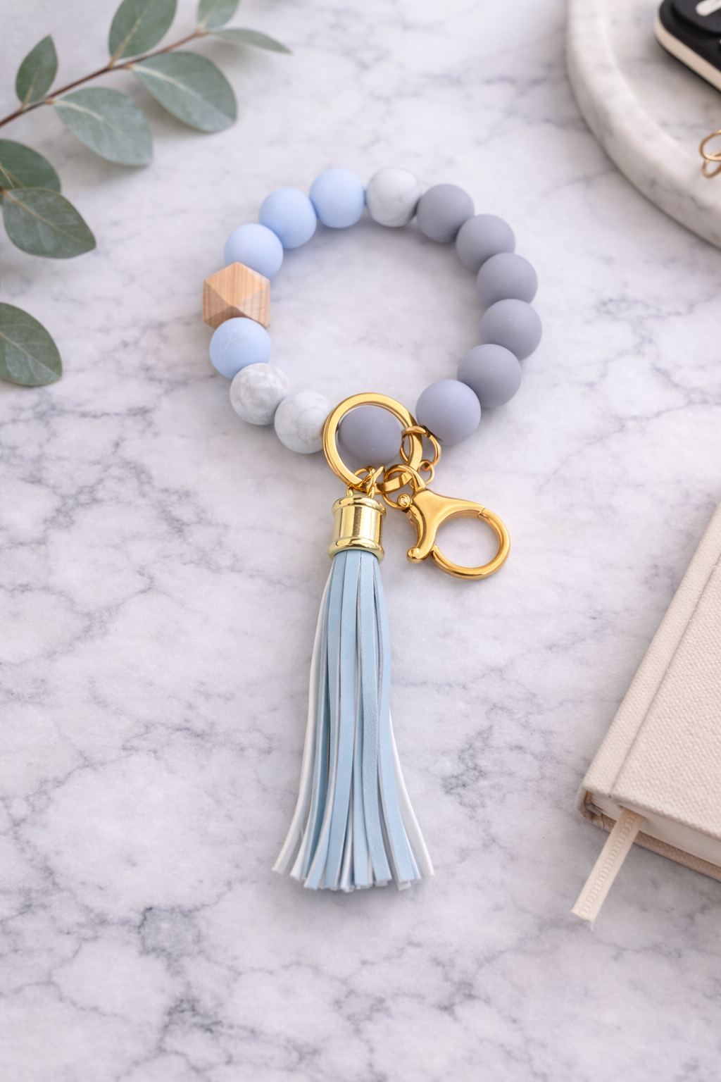 Blue & Marble Bracelet Keychain — Personalized Wristlet with Engraved Charm