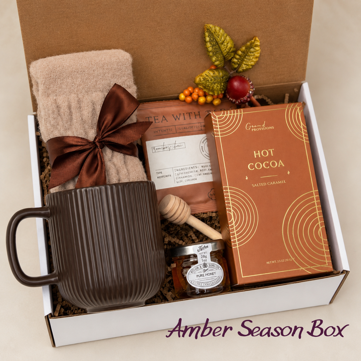 Amber Season Box - Cozy Fall Gift Box for Her with cream blanket, herbal tea, hot cocoa, honey jar and dark ceramic mug