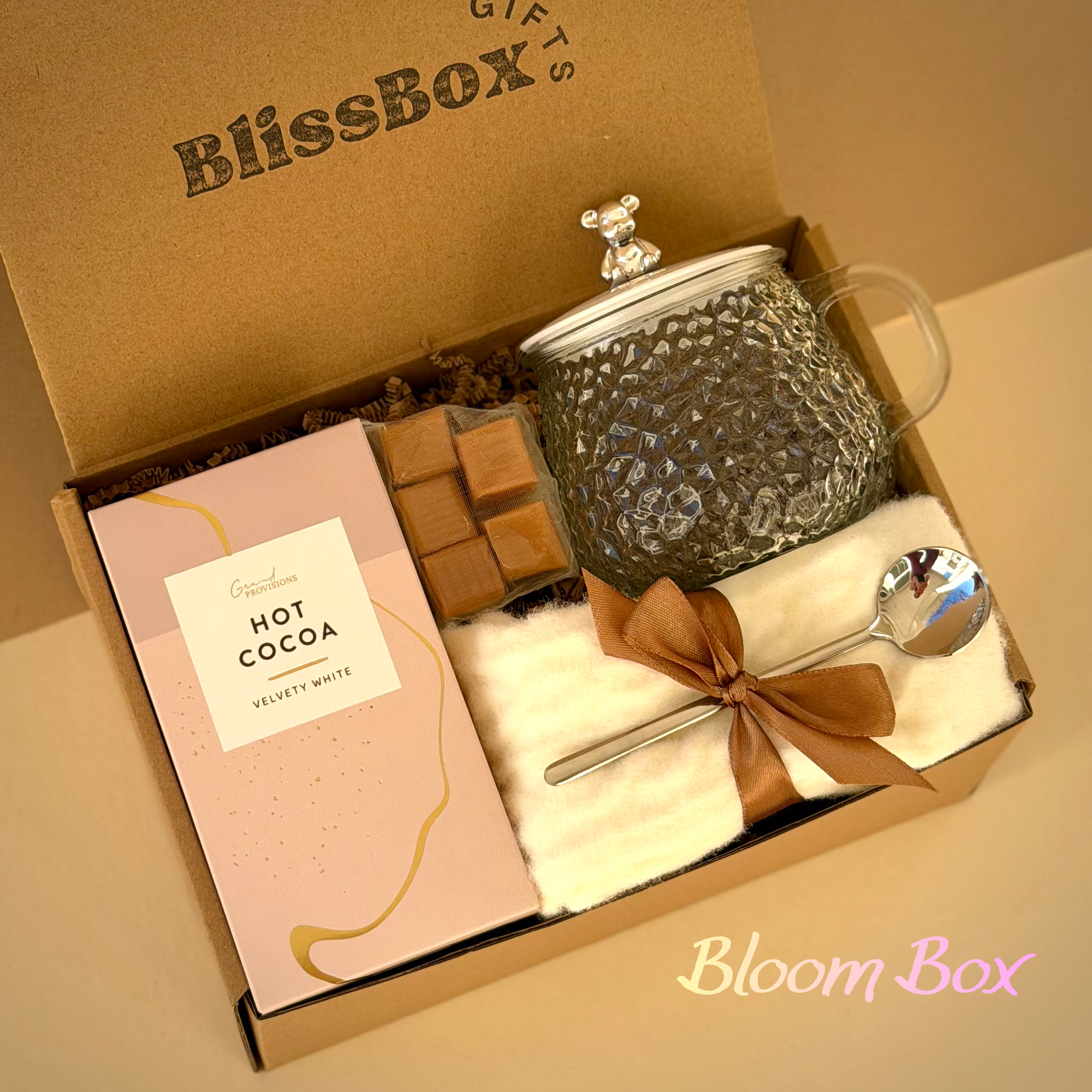 bloom box gift box for her cozy self care
self care gift box neutral aesthetic
birthday gift box for women bloom box
relaxing gift box with candle and mug