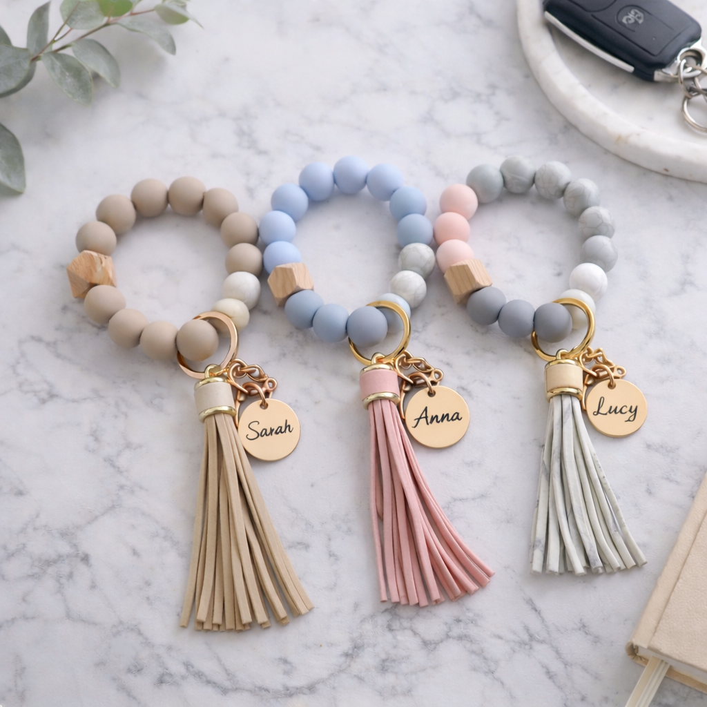 Pink Bracelet Keychain — Personalized Wristlet with Engraved Charm