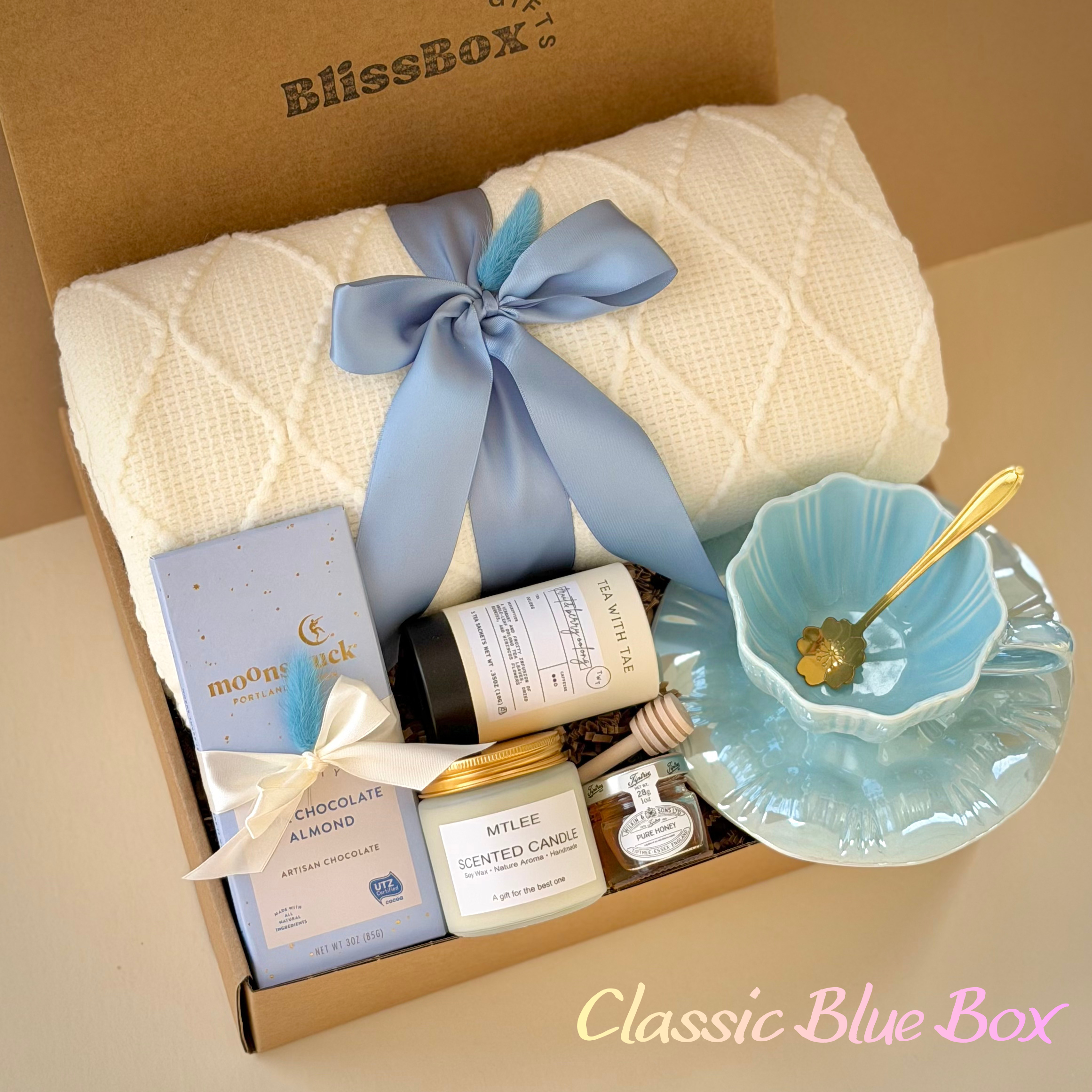 Relaxing Gift Box for Her, Stress Relief Gift, Care Package for Friend, Thinking of You Gift Box, Self Care Set | Classic Blue Box