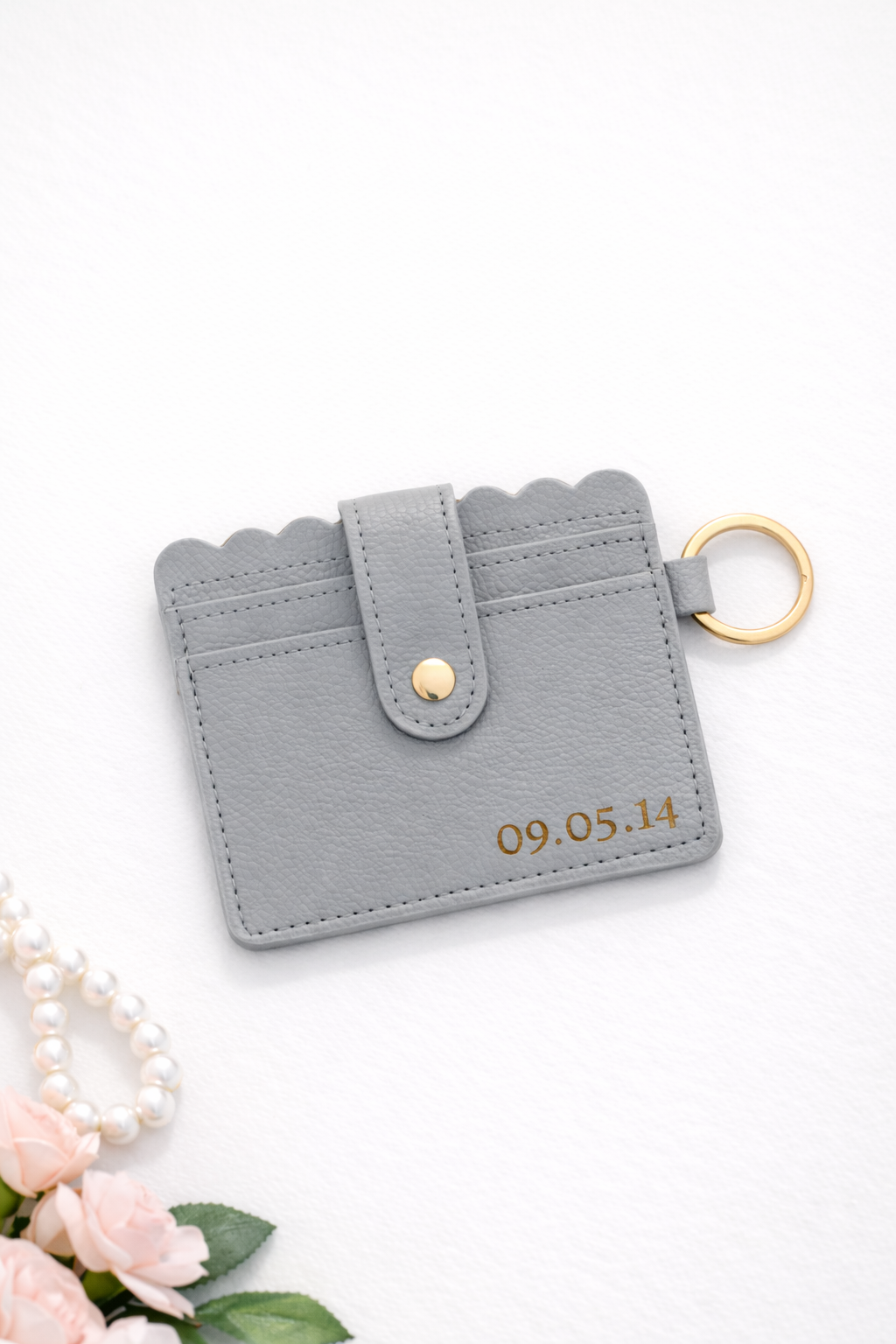 Grey Card Holder Keychain Wallet — Personalized Leather Wallet with Keyring