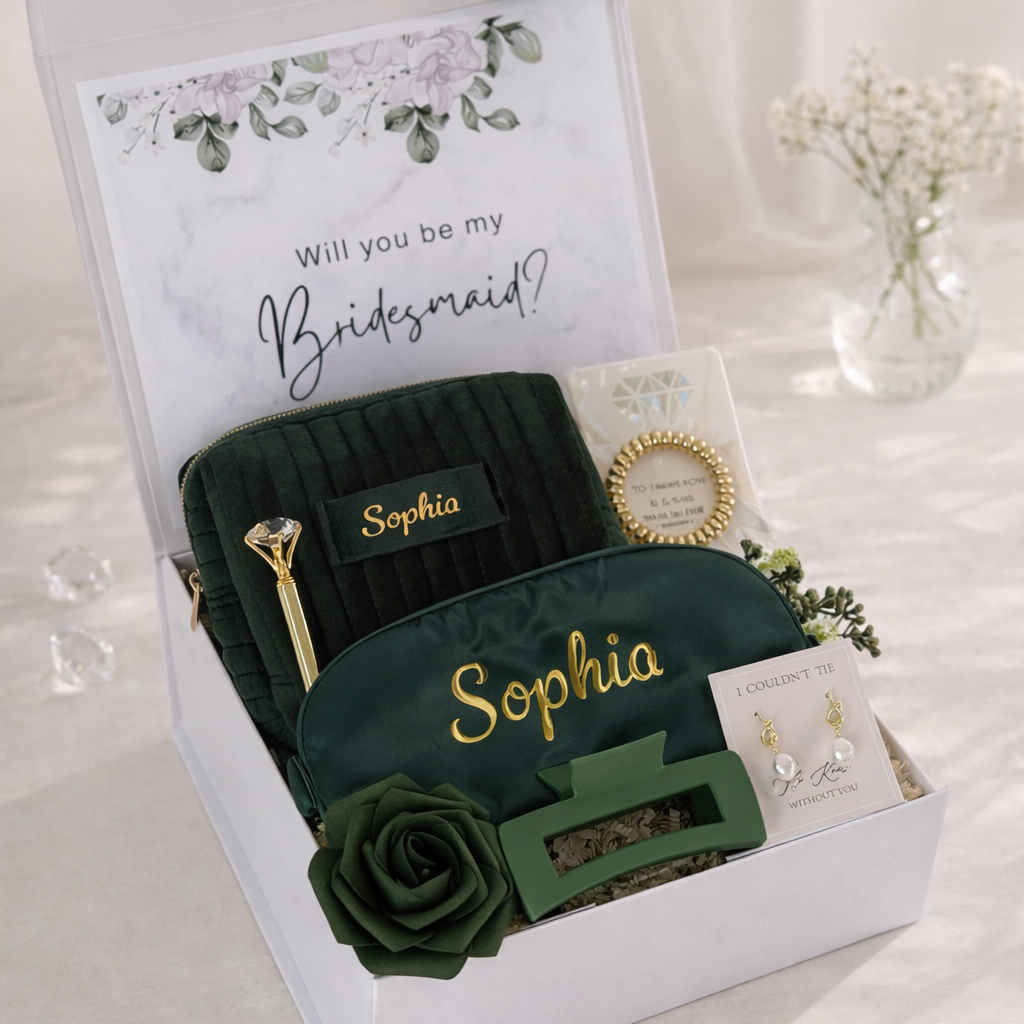Personalized Bridesmaid Gift Box - Luxury Green, Gift Box for Bridesmaid Maid of Honor Matron of Honor Flower Girl, Bridal Party Gift, Wedding Party Gift Box, Custom Engraving