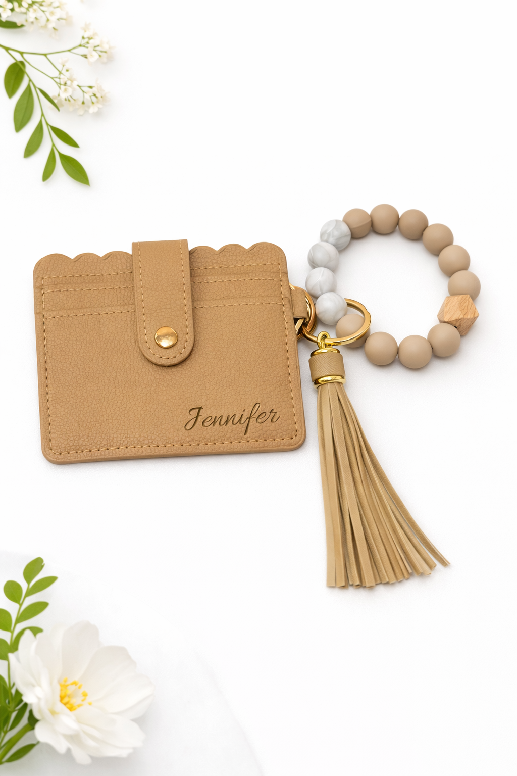 Brown Wallet & Bracelet Keychain Set — Personalized Gift Set with Engraved Charm