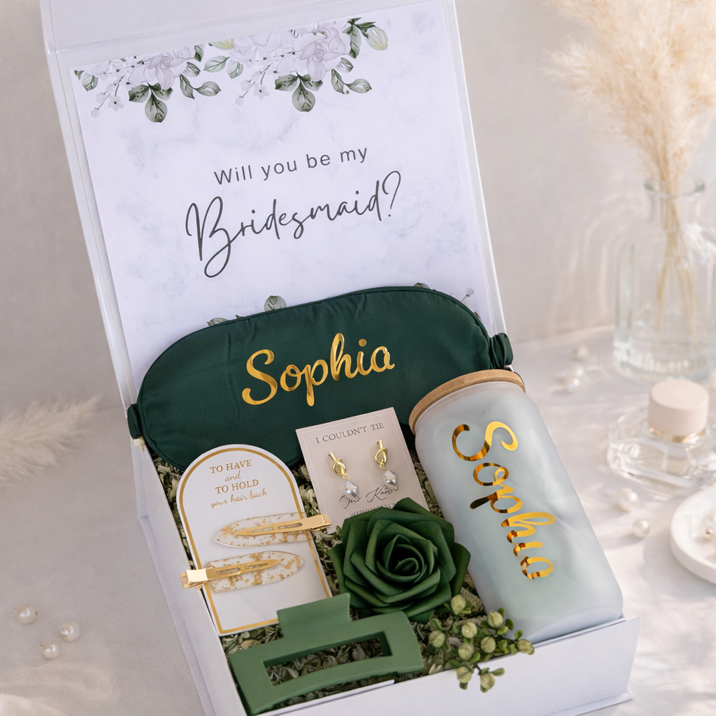 Personalized Bridesmaid Gift Box - Premium Green, Gift Box for Bridesmaid Maid of Honor Matron of Honor Flower Girl, Bridal Party Gift, Wedding Party Gift Box, Custom Engraving