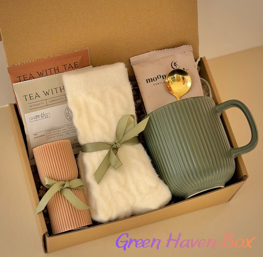 Green Haven Box - Premium Men's Tea Gift Set with Cozy Blanket & Gourmet Treats