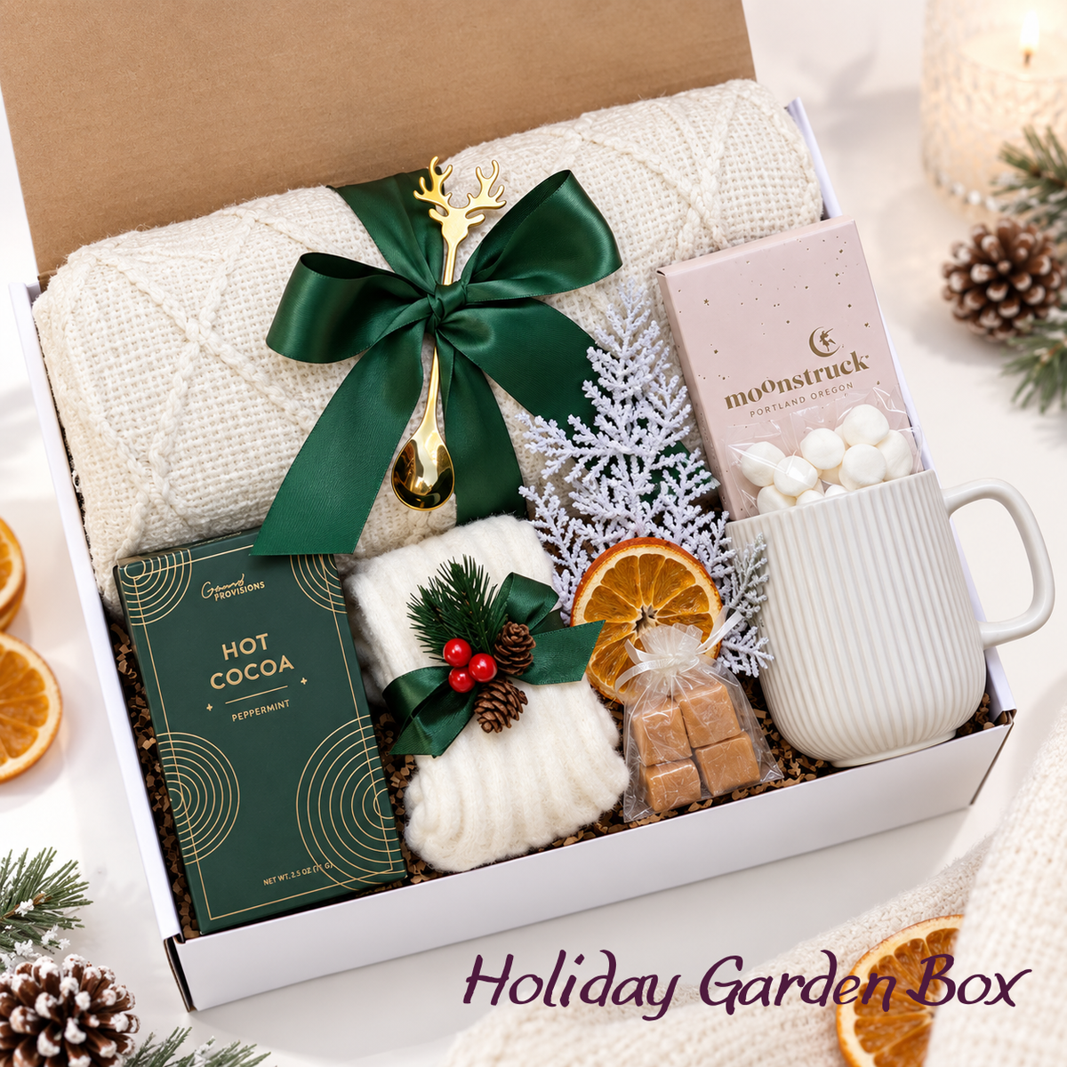 Holiday Garden Box cozy hot cocoa gift set with cream blanket, mittens, mug, and treats