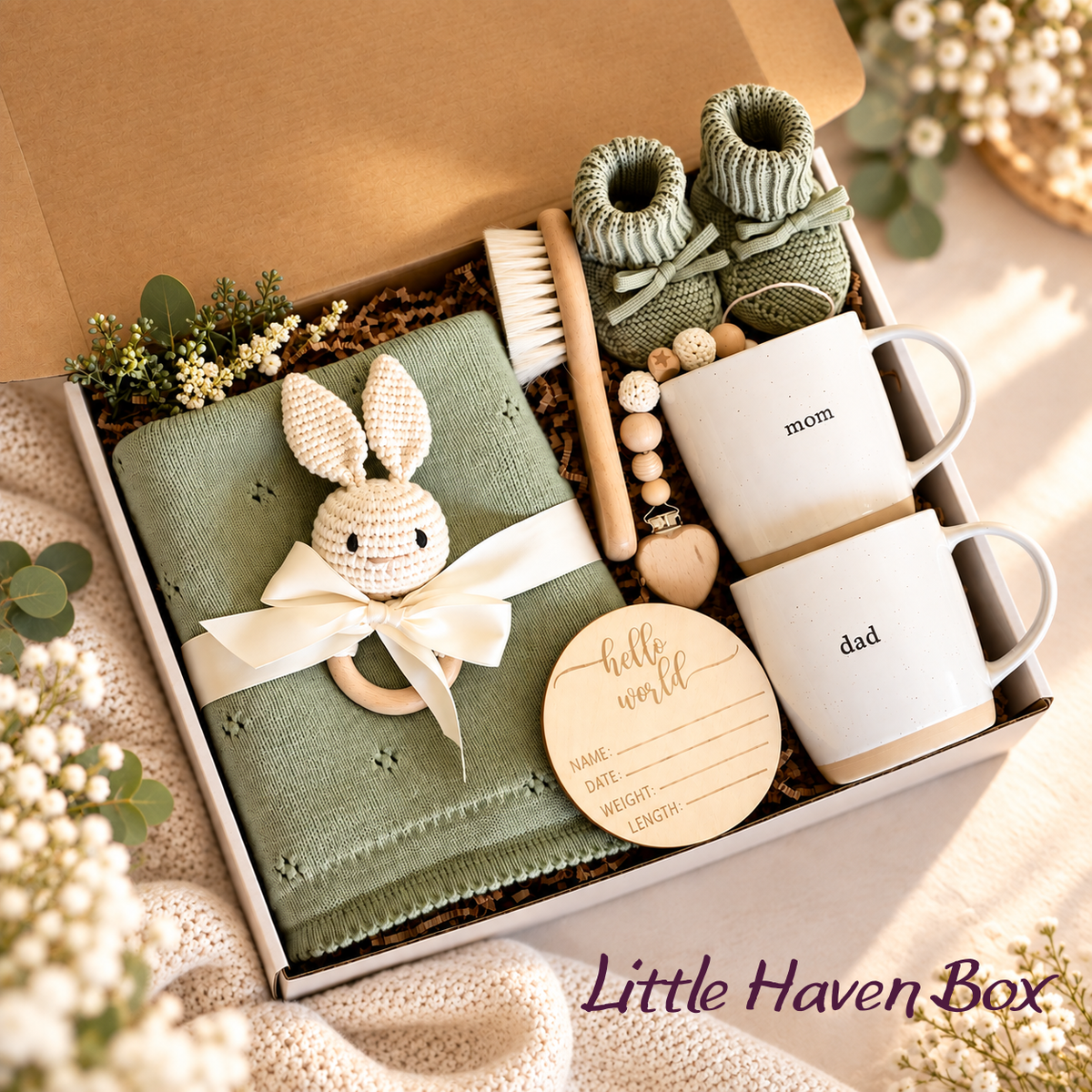 Little Haven new parents gift box with mom and dad mugs, sage knit blanket and booties, baby brush, bunny ring accessory, and hello world plaque.