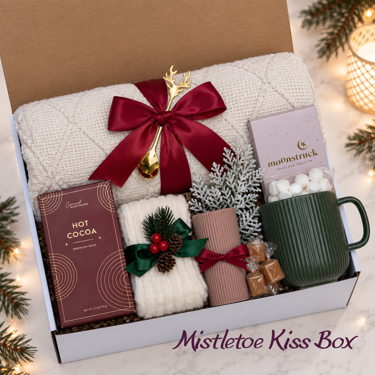A holiday gift box set from Mistletoe Kiss Box containing a cream cable-knit blanket, a box of gourmet hot cocoa, a pink Moonstruck chocolate box, a green mug filled with marshmallows, and festive accessories, presented in a white box with a red ribbon.
Details