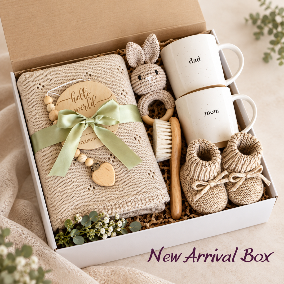 New Arrival newborn gift basket in a box with beige knit blanket and booties, mom and dad mugs, bunny ring accessory, brush, and hello world plaque.