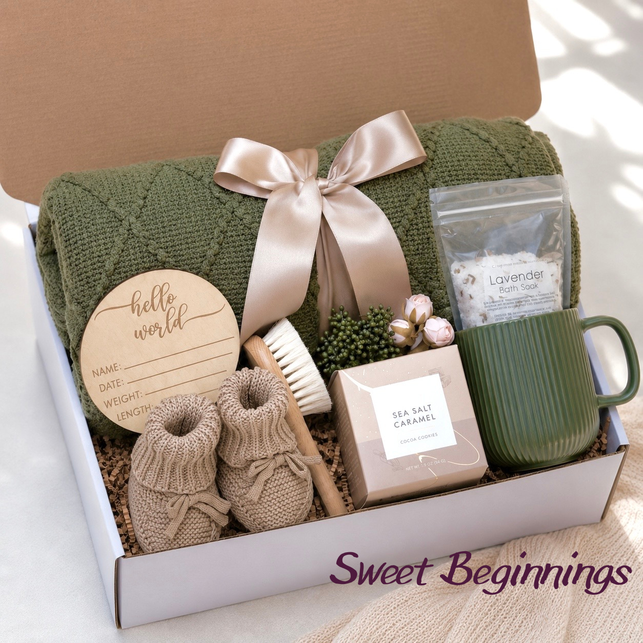 Sweet Beginnings Baby Gift Box — sage green knit blanket, baby booties, hello world keepsake disc, lavender bath soak, cocoa and mug