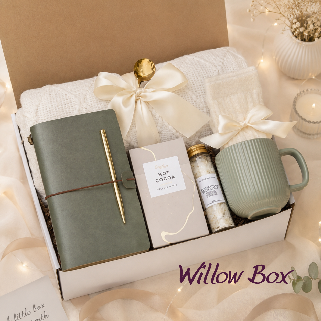 Willow Box cozy gift box for women with knit blanket, leather journal, hot cocoa, eucalyptus bath salts and sage green mug