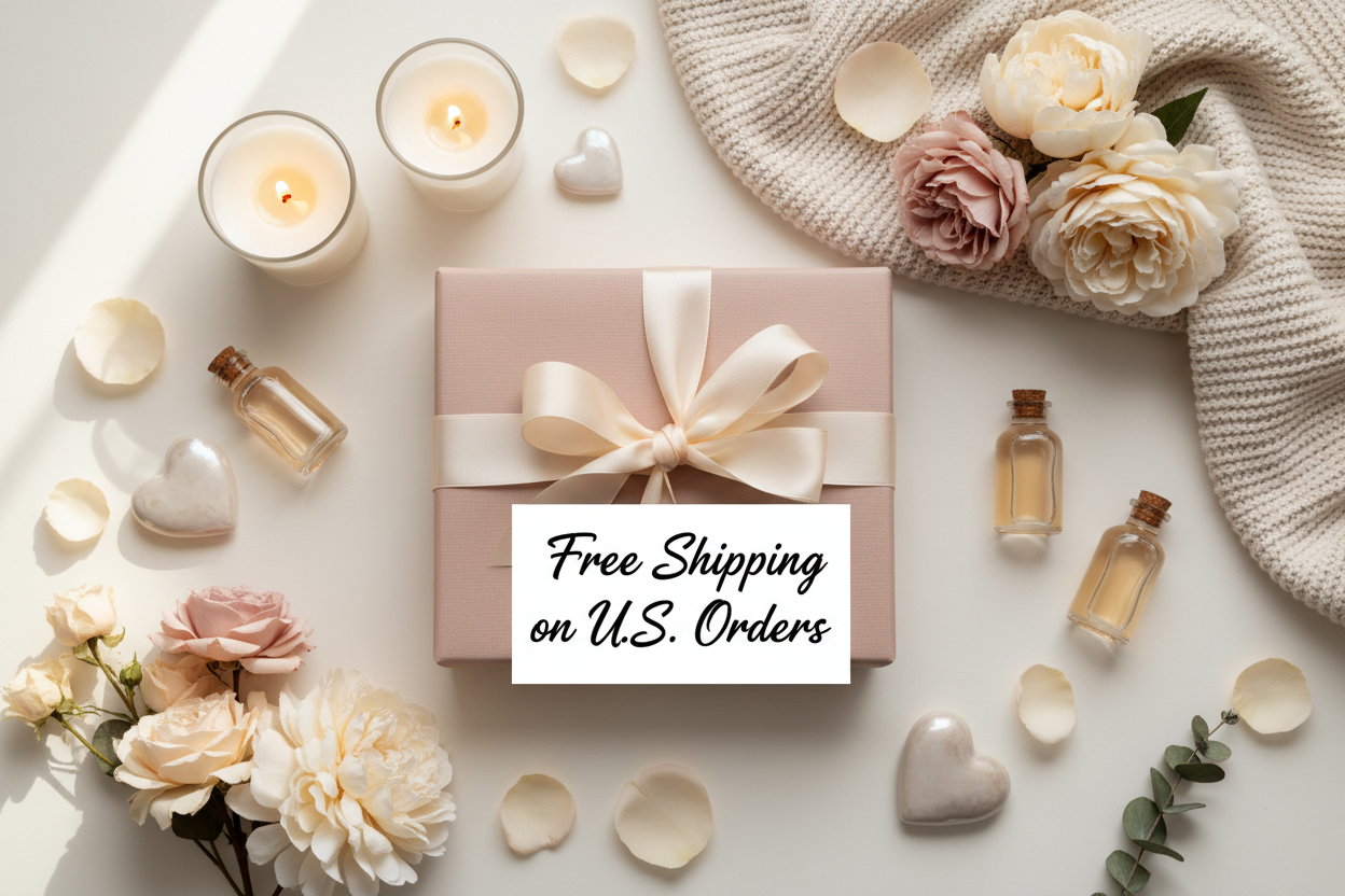 Elegant Valentine’s Day themed flat lay background for a premium gift box brand.
Soft neutral tones (cream, beige, blush), cozy textures, minimal aesthetic.
A beautifully wrapped gift box with a satin ribbon, candles, small glass bottles, cozy fabric, and subtle Valentine’s accents (delicate hearts, rose petals, soft florals — not overwhelming).
Centered clean card with modern calligraphy text:
“Free Shipping on U.S. Orders”
Bright, airy lighting, lifestyle photography style, high-end Shopify hero banner.
N