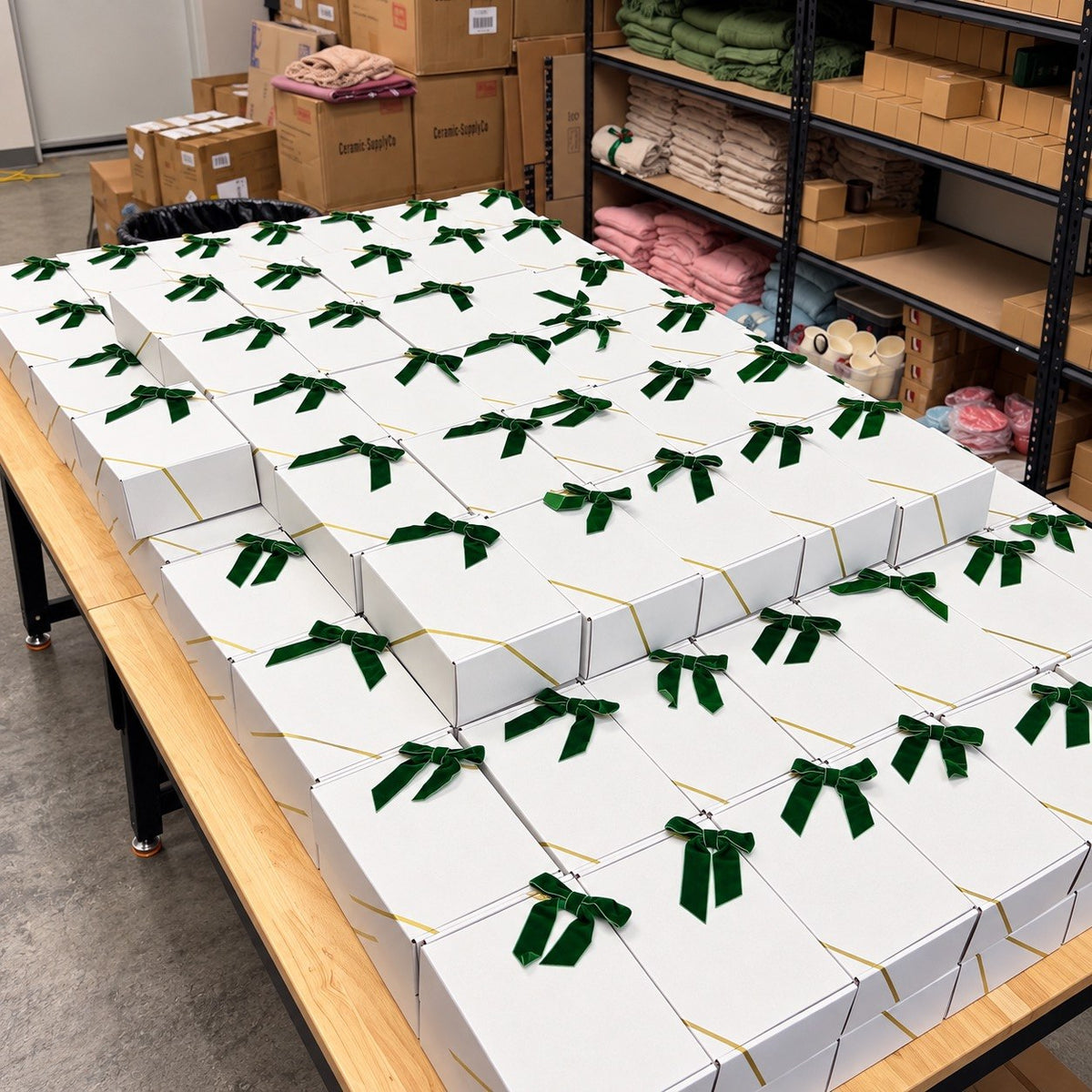 Rows of white gift boxes tied with dark green bows and fine gold-colored ribbon on a packing table, with storage shelves behind them.
