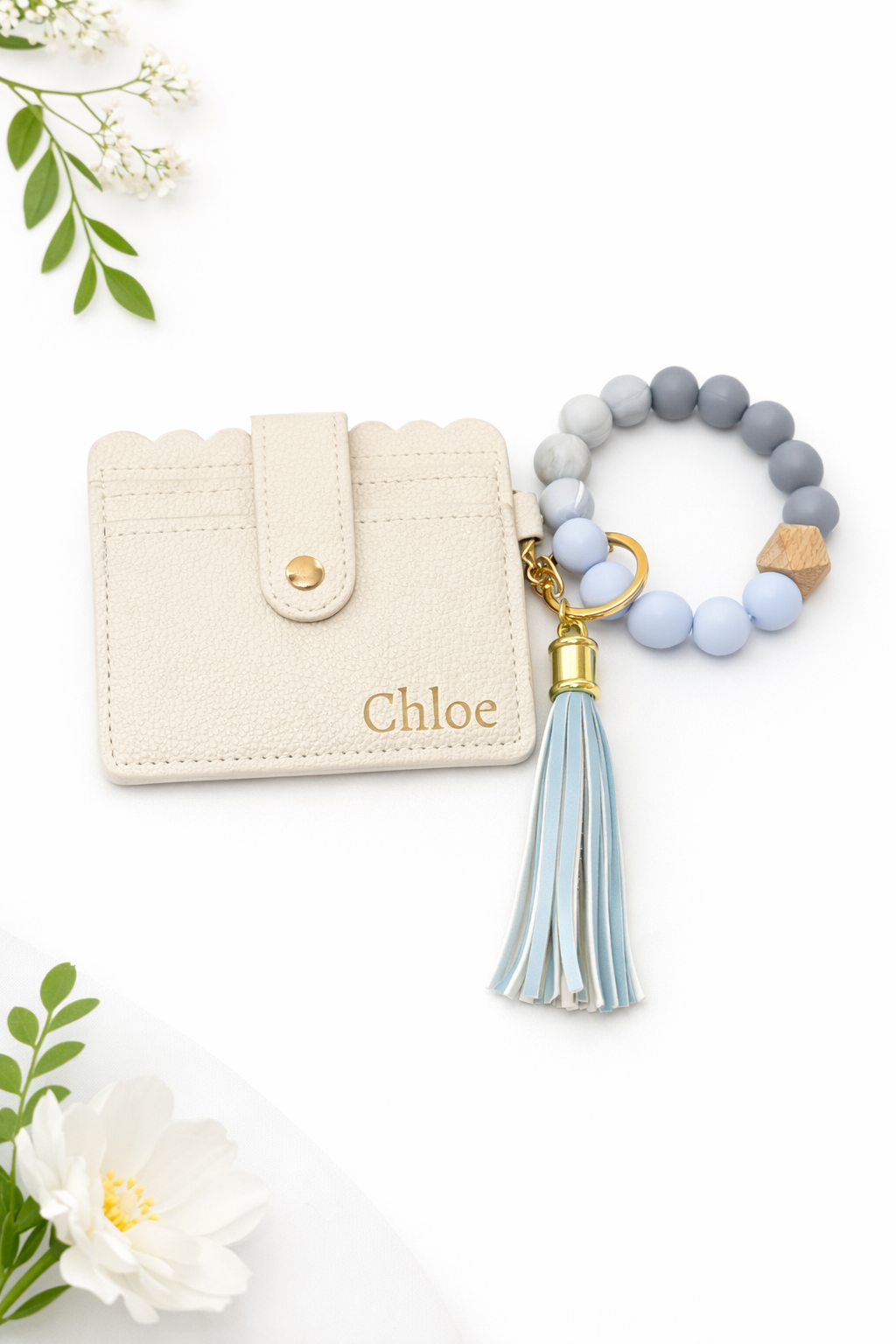 Ivory Wallet & Bracelet Keychain Set — Personalized Gift Set with Engraved Charm