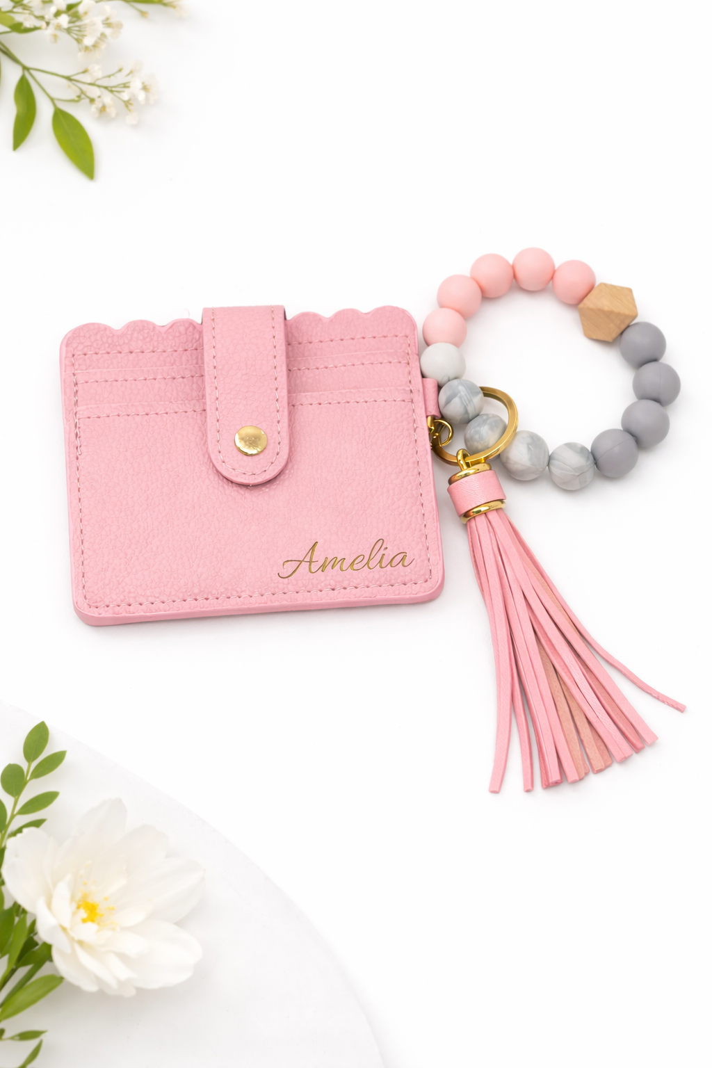 Pink Wallet & Bracelet Keychain Set — Personalized Gift Set with Engraved Charm