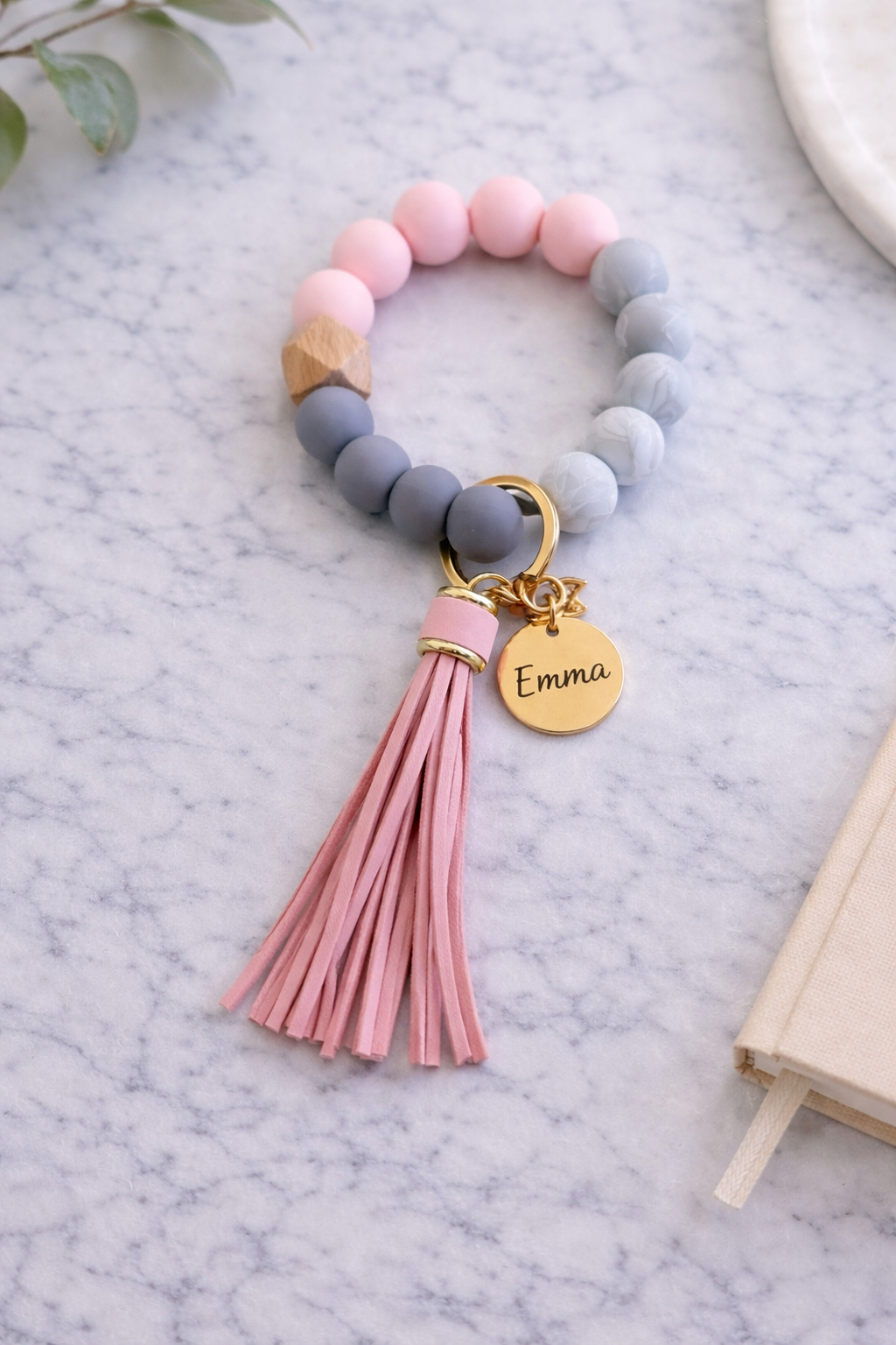 Pink Bracelet Keychain — Personalized Wristlet with Engraved Charm