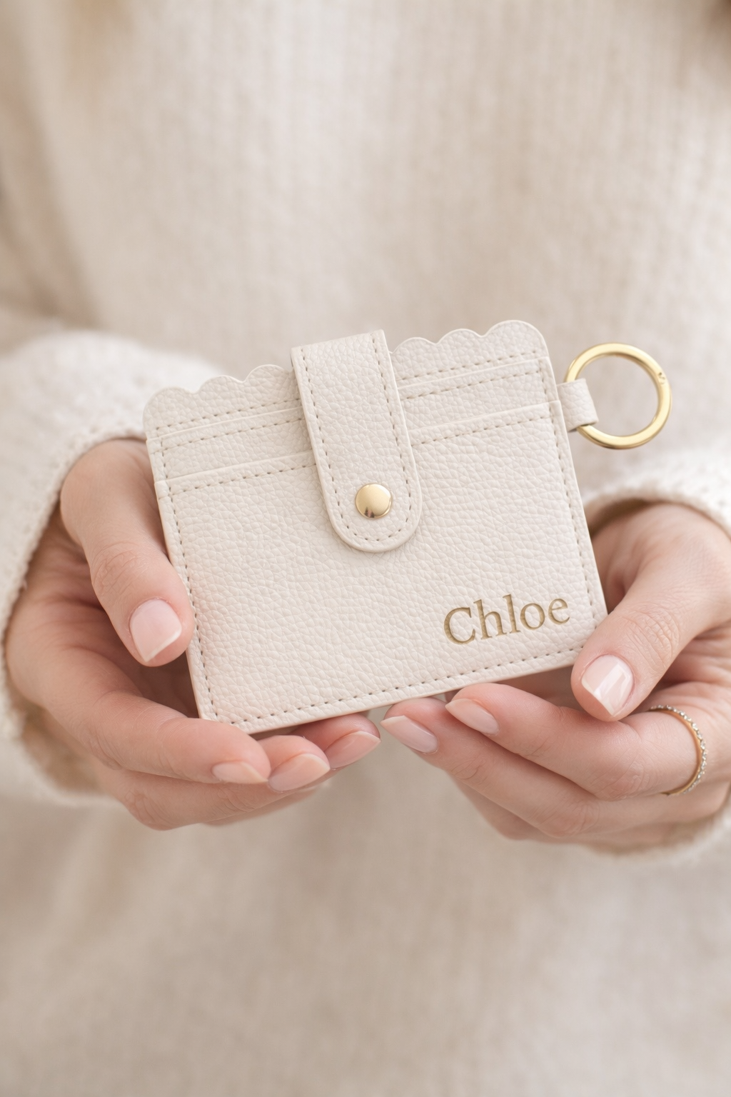 Cream Card Holder Keychain Wallet — Personalized Leather Wallet with Keyring