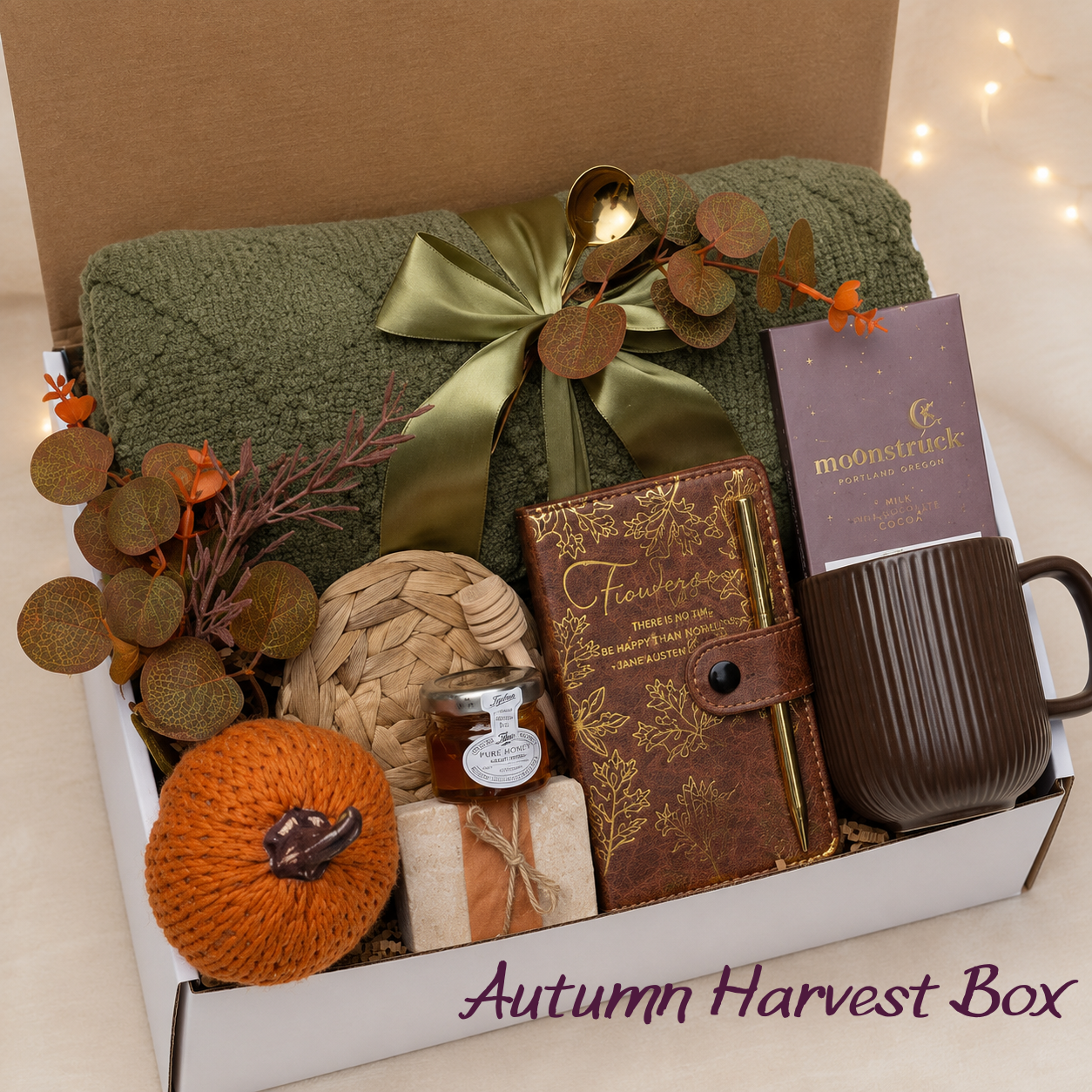 Autumn Harvest Box - Cozy Fall Thanksgiving Gift Box for Her with olive blanket, leather journal, hot cocoa, honey, mug and pumpkin decor