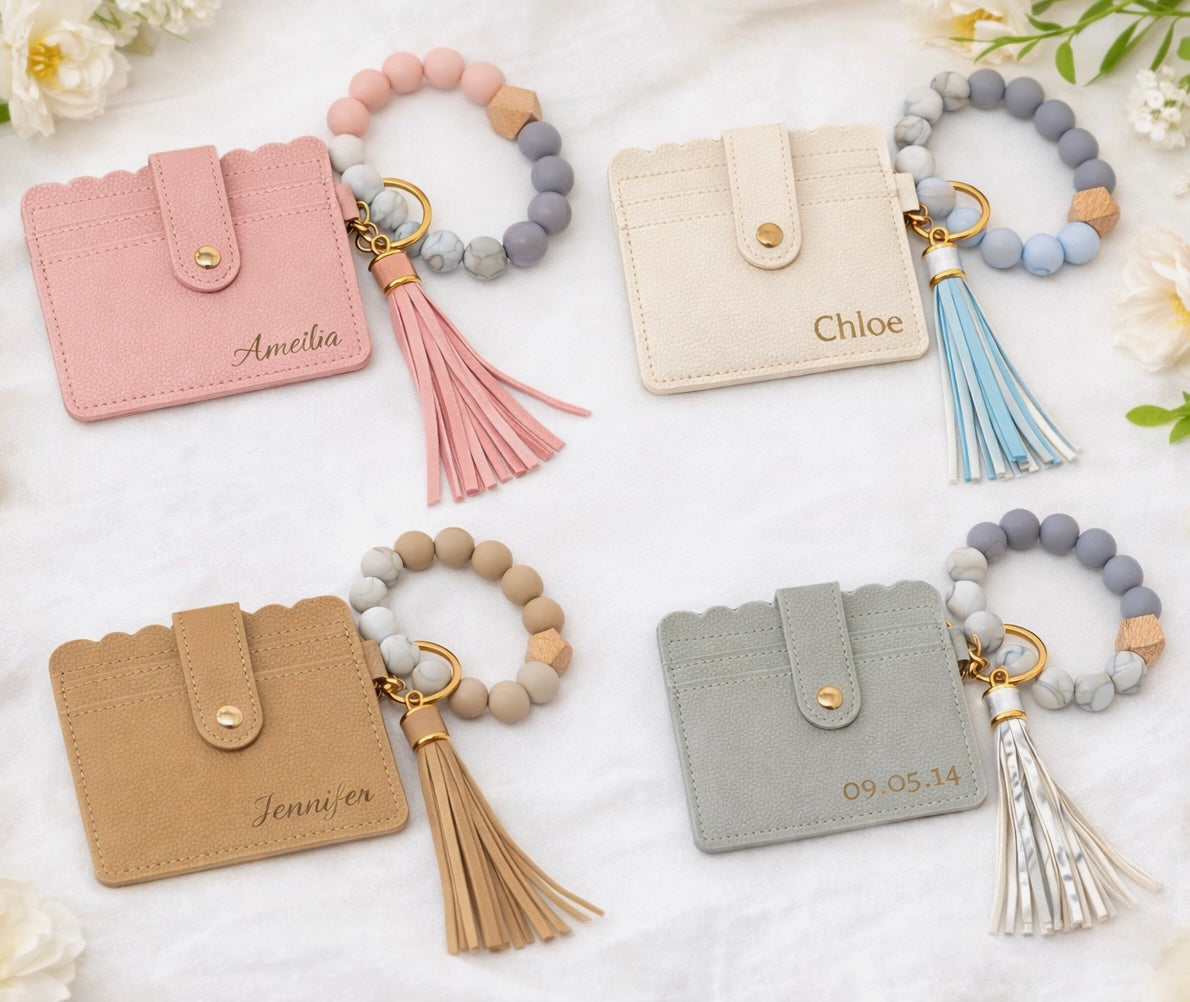 Pink Wallet & Bracelet Keychain Set — Personalized Gift Set with Engraved Charm