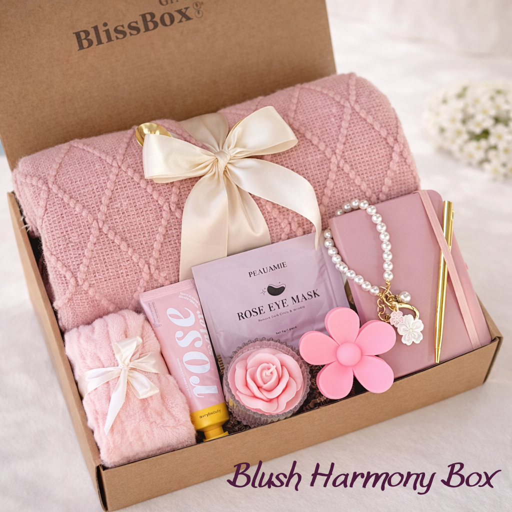 Birthday Gift Box for Mom, Friend or Wife | Cozy Spa Gift Set with Blanket & Candle | Relaxation Self Care Package — Blush Harmony Box