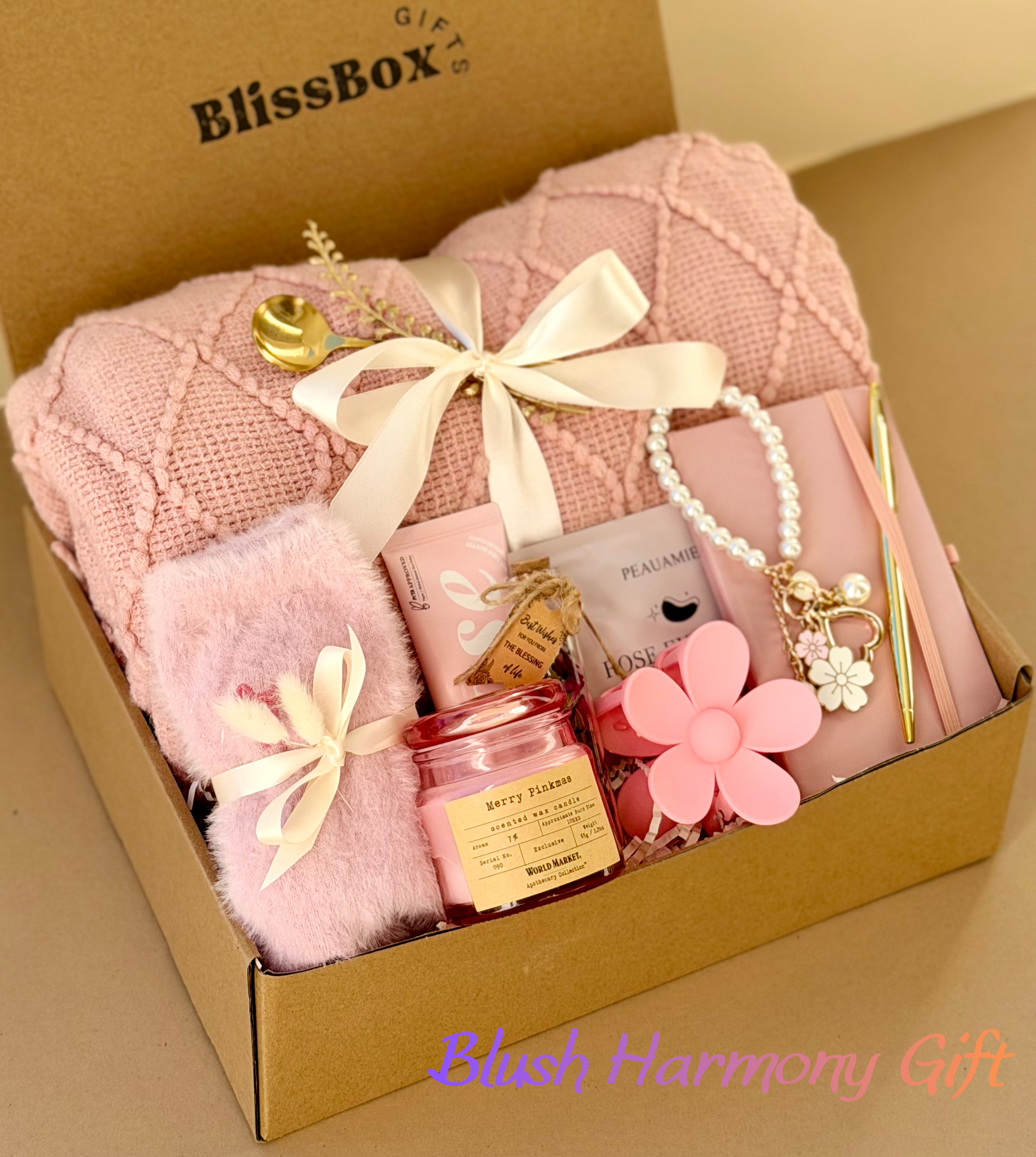 Birthday Gift Box for Mom, Friend or Wife | Cozy Spa Gift Set with Blanket & Candle | Relaxation Self Care Package — Blush Harmony Box