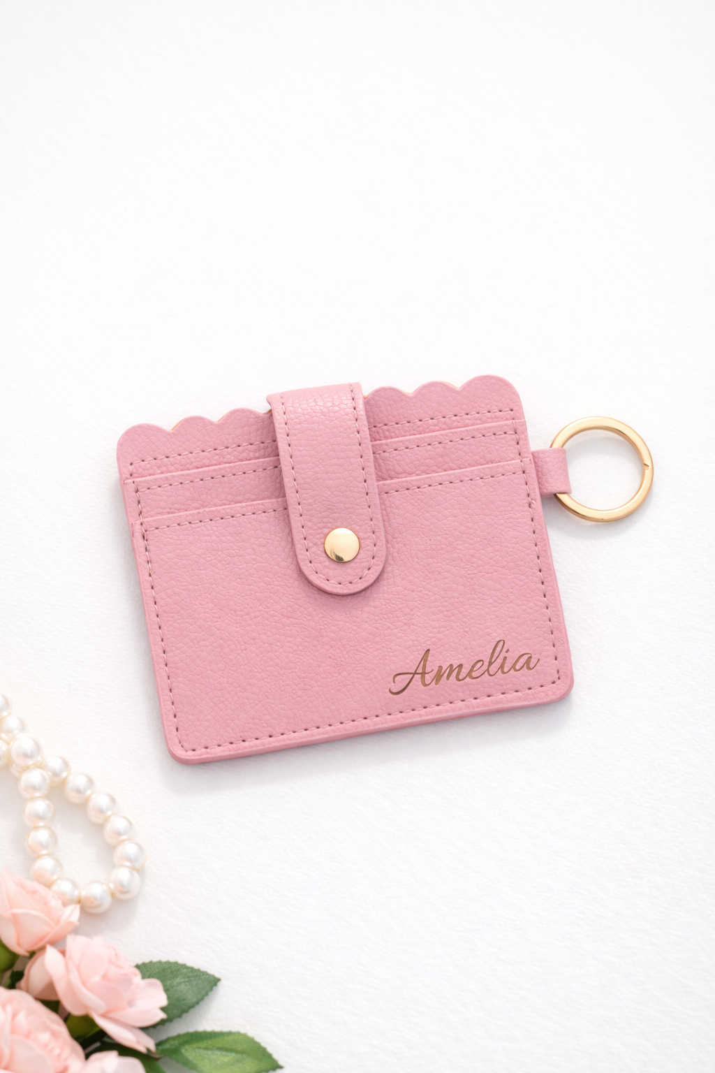 Pink Card Holder Keychain Wallet — Personalized Leather Wallet with Keyring