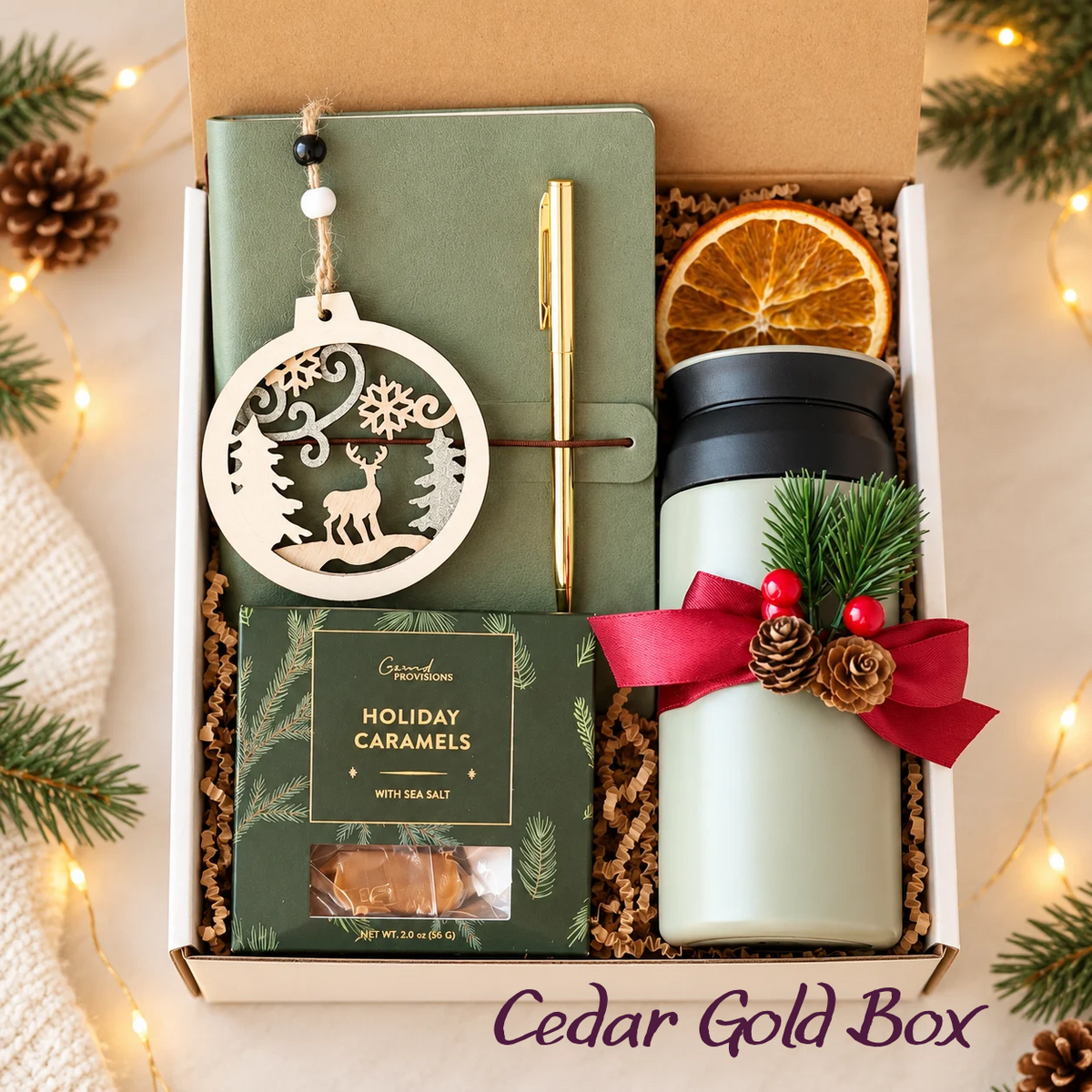 Cedar Gold Christmas gift box with sage green notebook, gold-tone pen, lidded travel cup, sea salt caramels and deer ornament.