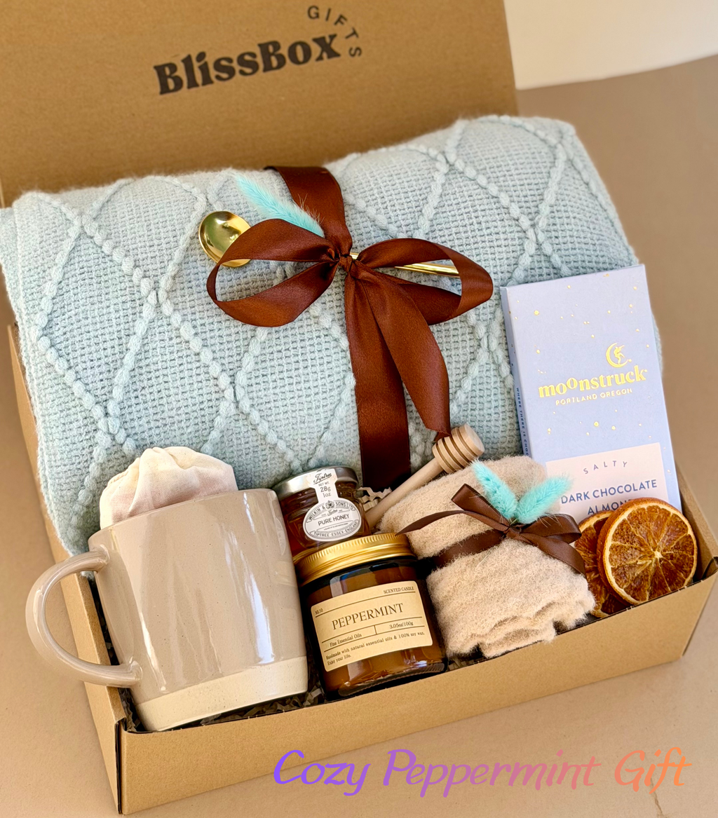 Relaxation Gift Box with Blanket, Candle & Mug, Spa Gift Set, Birthday Gift, Thank You Gift, Cozy Care Package | Cozy Peppermint Box