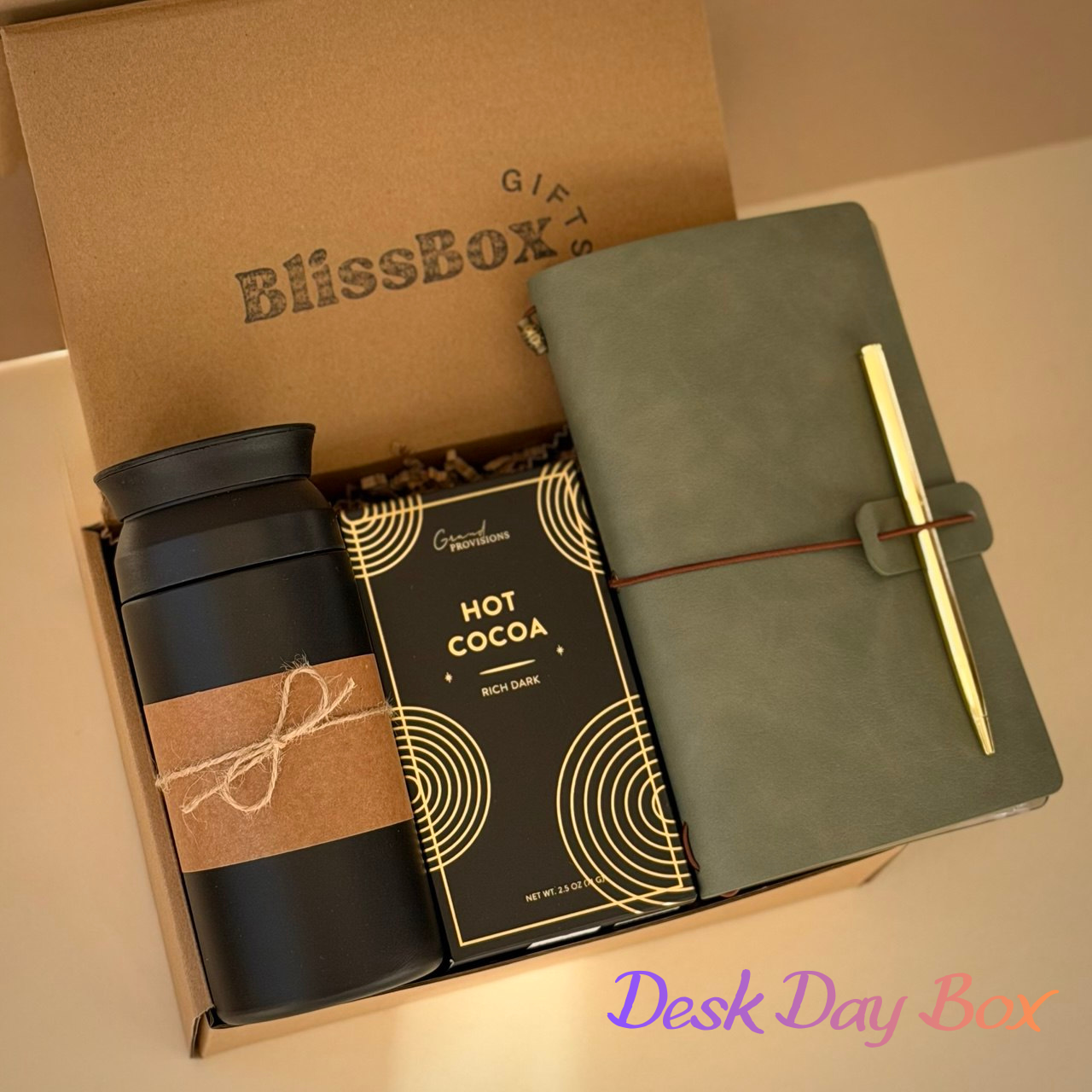 Gift Box for Him, Men's Work Gift Set with Journal & Hot Cocoa, Office Gift for Boyfriend or Husband | Desk Day Box