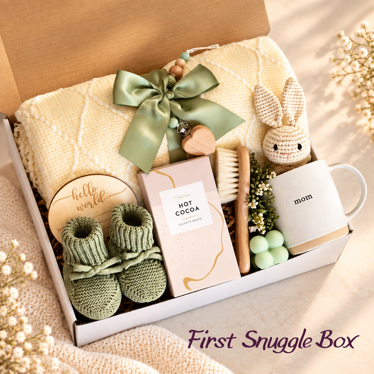First Snuggle new mom gift box with cream knit blanket, sage booties, mom mug, hot cocoa, baby brush, bunny accessory, and hello world plaque.