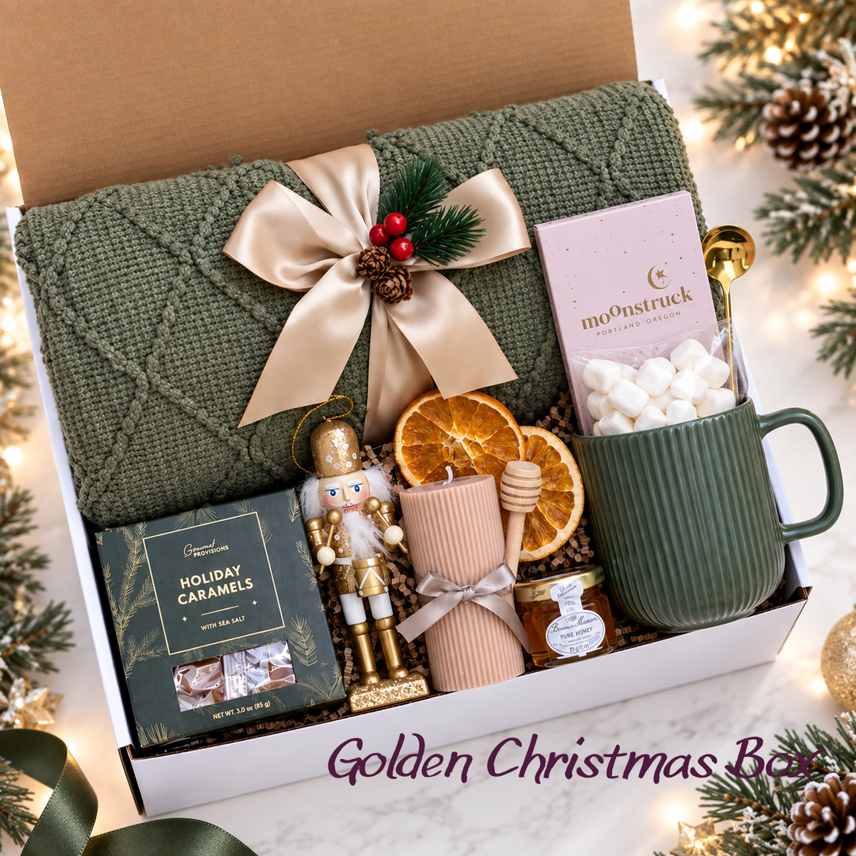 A curated Christmas gift box labeled 'Golden Christmas Box' filled with holiday treats: a knitted green scarf tied with a beige ribbon, a green mug filled with marshmallows, a box of mo'Nastruck hot chocolate, holiday caramels, a nutcracker, a candle, dried orange slices, and a small jar of honey, arranged in an open white box with a kraft lid.