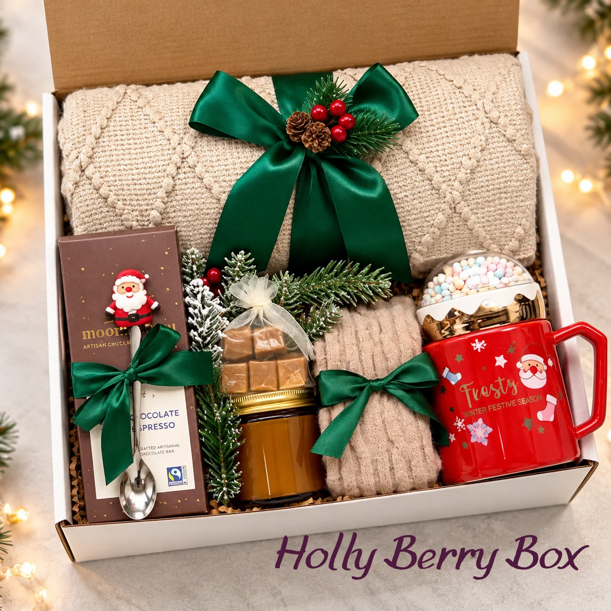 Holly Berry Christmas gift box with a red Santa mug, Moonstruck chocolate, Santa spoon, cream textured textiles and green ribbon bows.