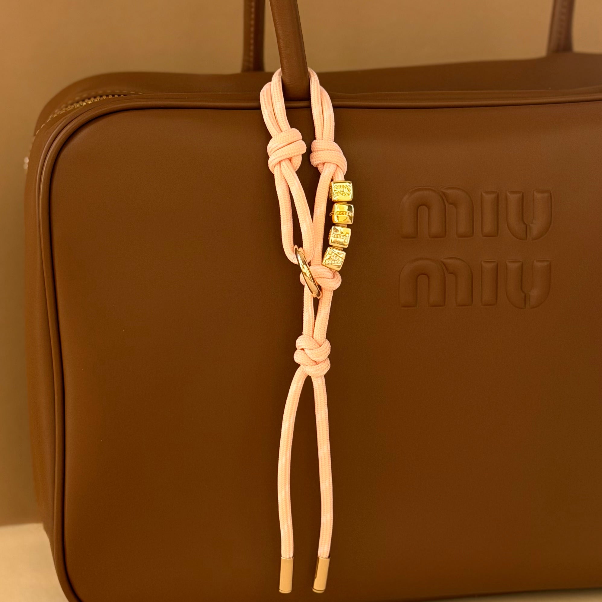 Light Pink Custom Rope Bag Charm with Letter Beads — Personalized Initial Purse Charm