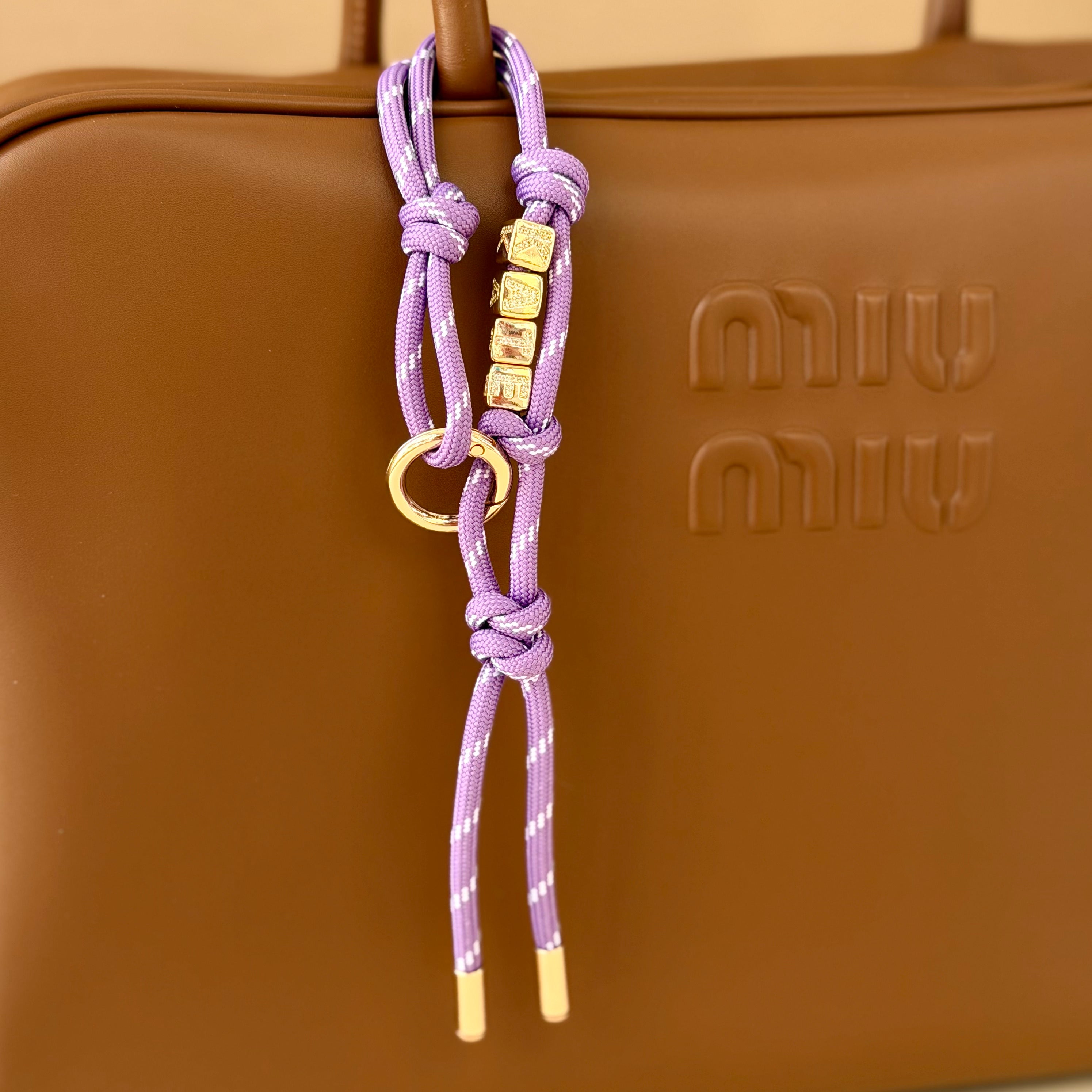Purple Custom Rope Bag Charm with Letter Beads — Personalized Initial Purse Charm