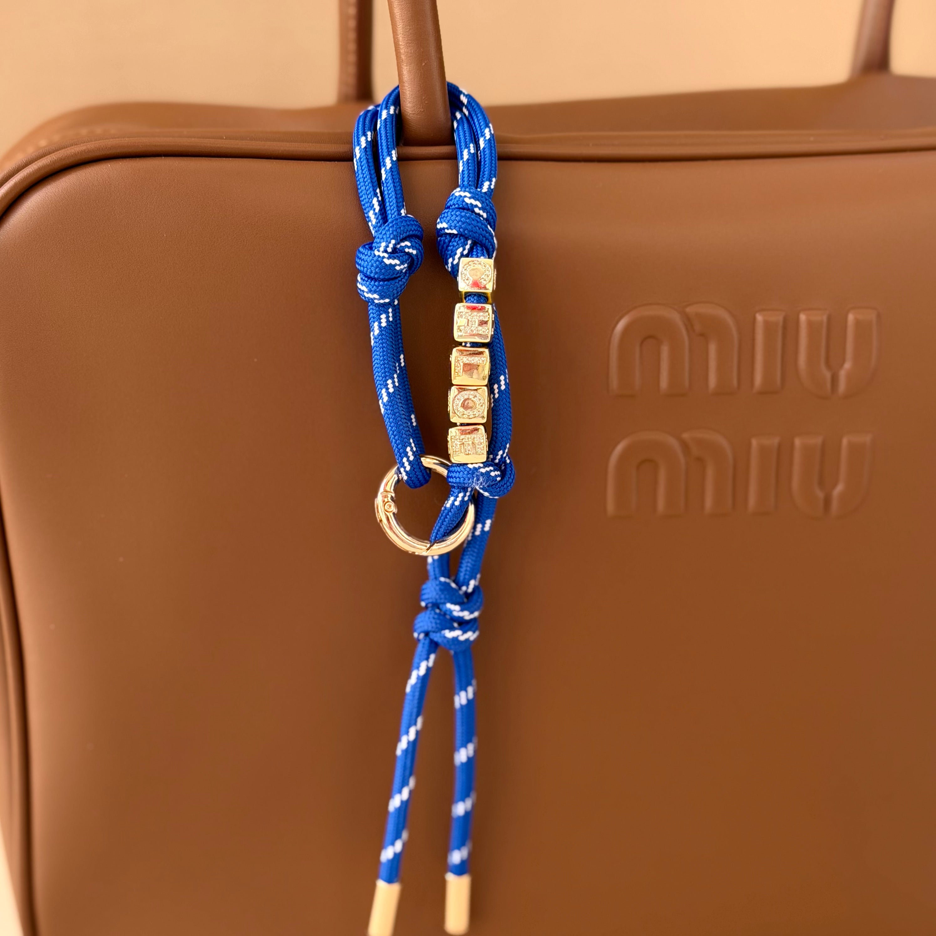 Royal Blue Custom Rope Bag Charm with Letter Beads — Personalized Initial Purse Charm
