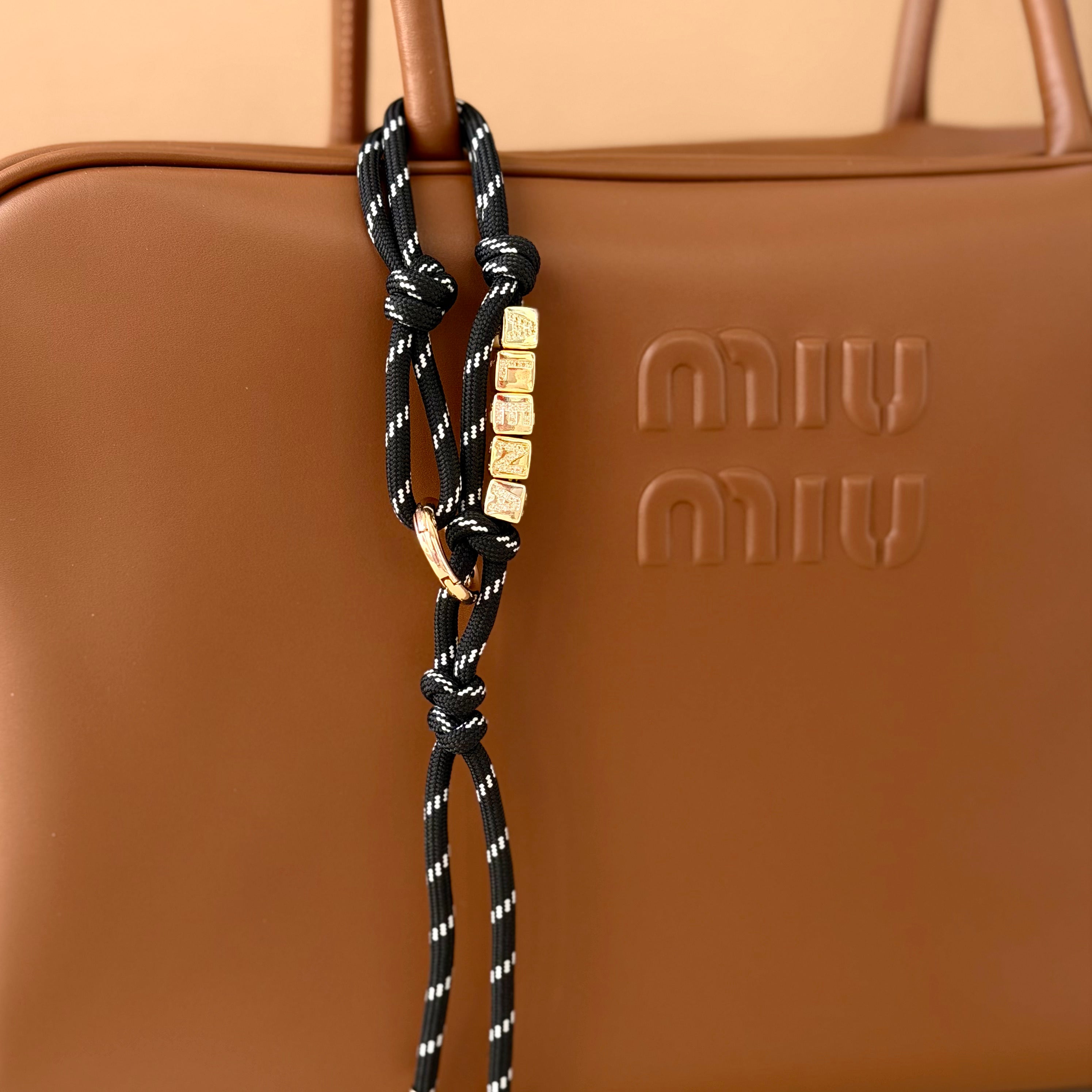 Black Custom Rope Bag Charm with Letter Beads — Personalized Initial Purse Charm