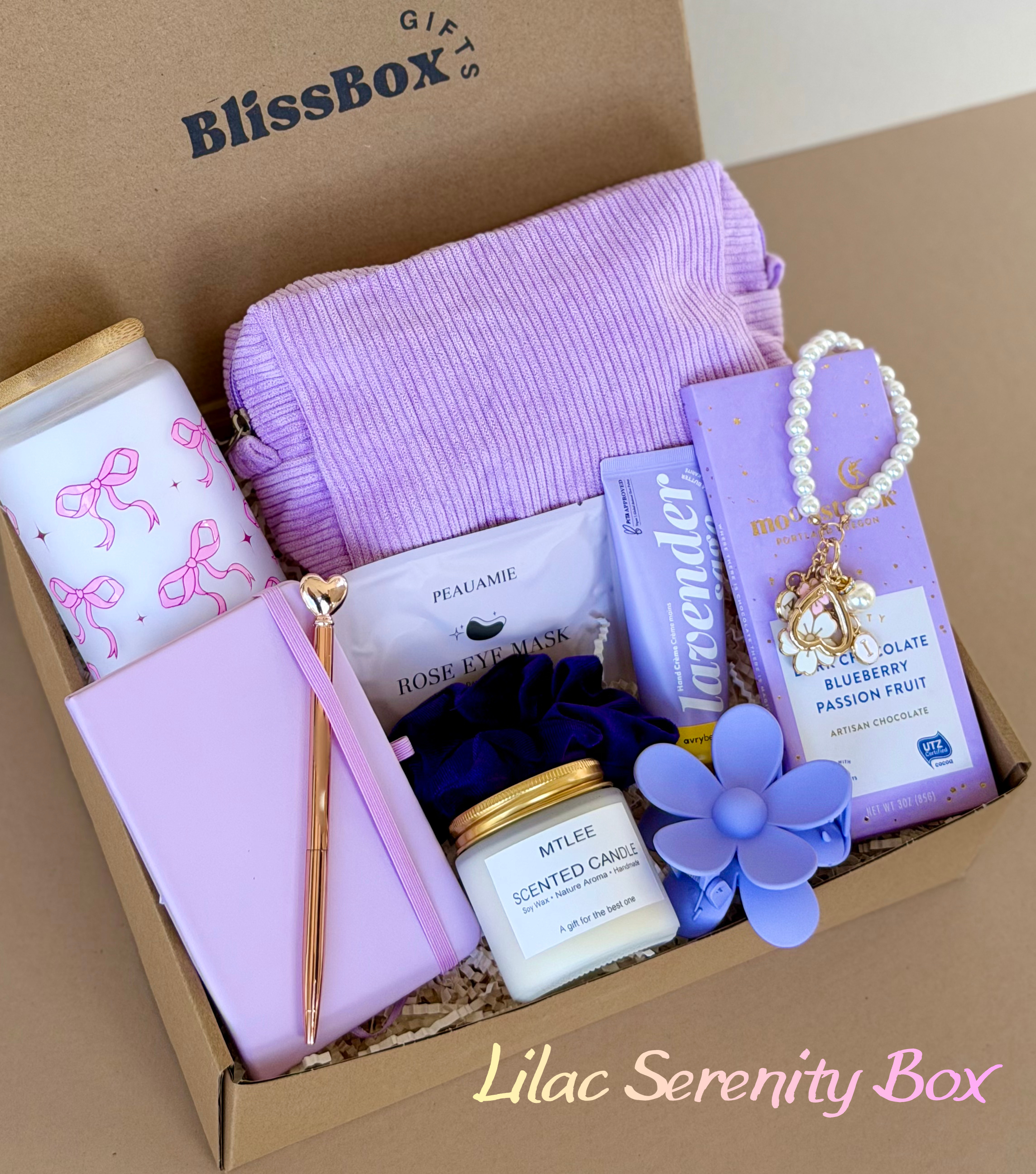 Cozy Gift Box with Candle & Blanket, Relaxation Set for Birthday, Thank You or Get Well Gift, Elegant / Lilac Serenity Box
