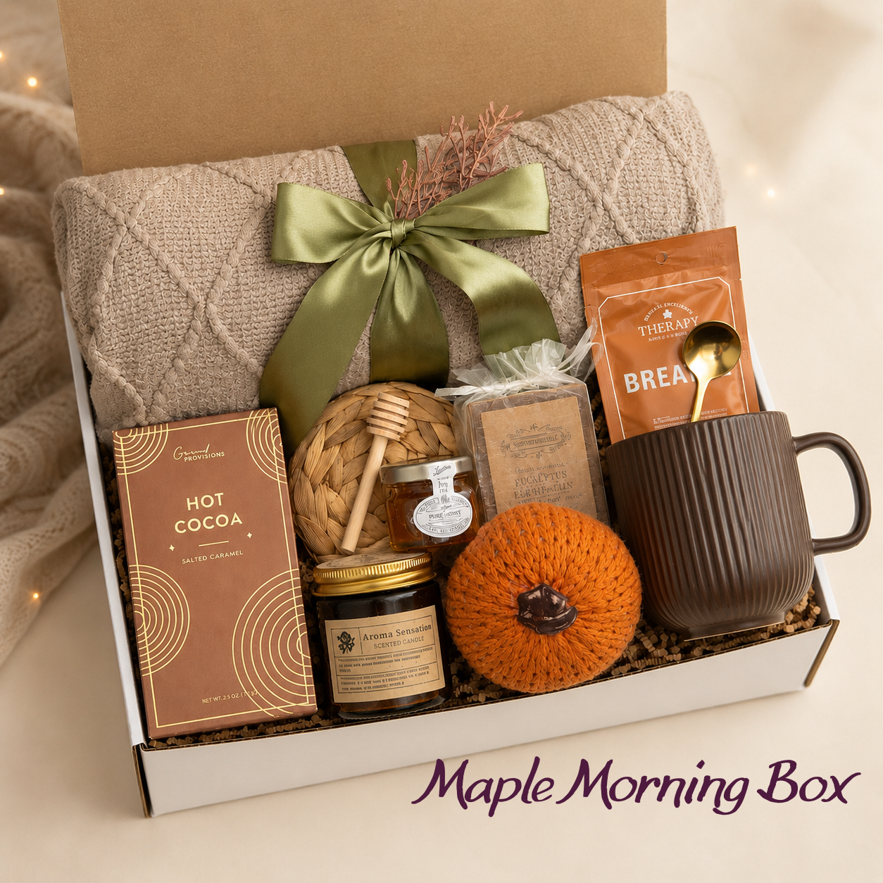 Maple Morning Box - Cozy Fall Thanksgiving Gift Box for Her with blanket, hot cocoa, candle, honey, mug and pumpkin decor