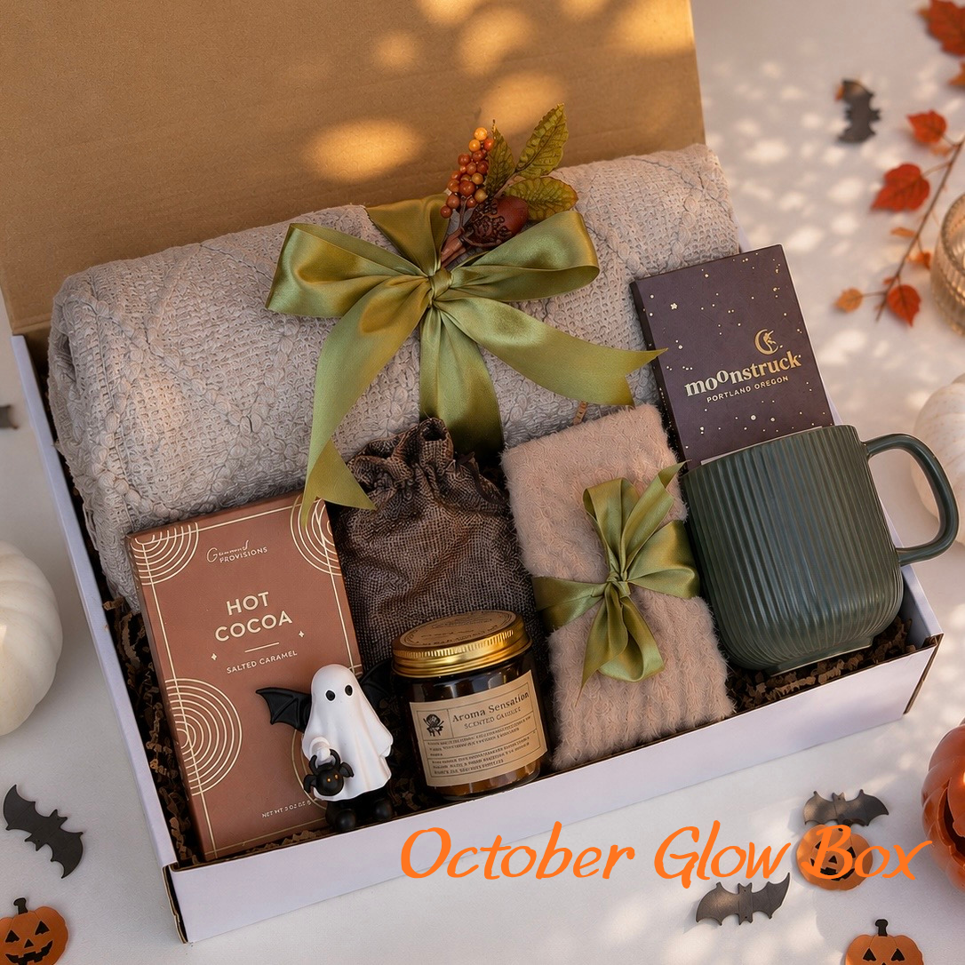 October Glow Box — Halloween gift box for her with sweater, hot cocoa, candle, socks, mug and ghost figurine