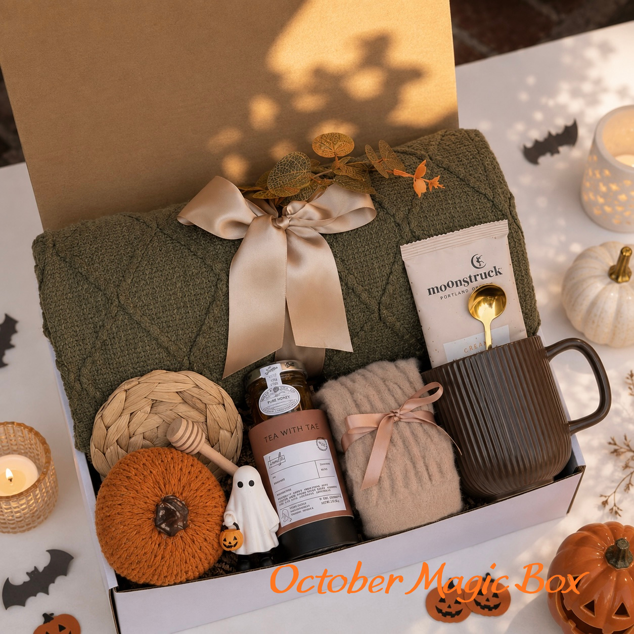 October Magic Box — cozy fall gift box with cable knit sweater, honey, tea, socks, mug and Halloween accents
