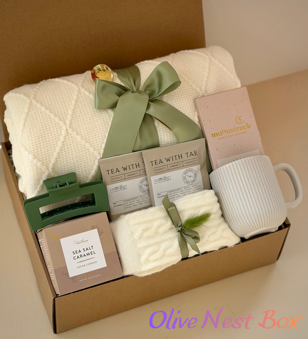 Olive Nest Box - Premium Spa Gift Box with Cozy Blanket, Tea & Gourmet Treats