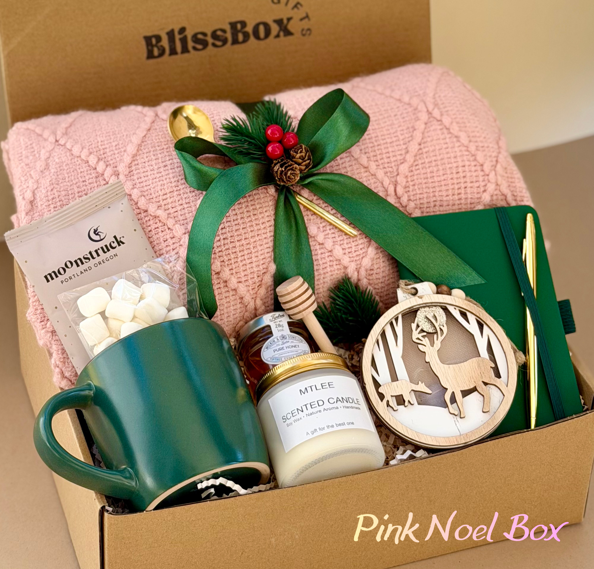 Christmas Gift Box, Pink Holiday Spa Set with Candle & Blanket, Cozy Winter Gift for Women or Mom, Self Care Package | Pink Noel Box