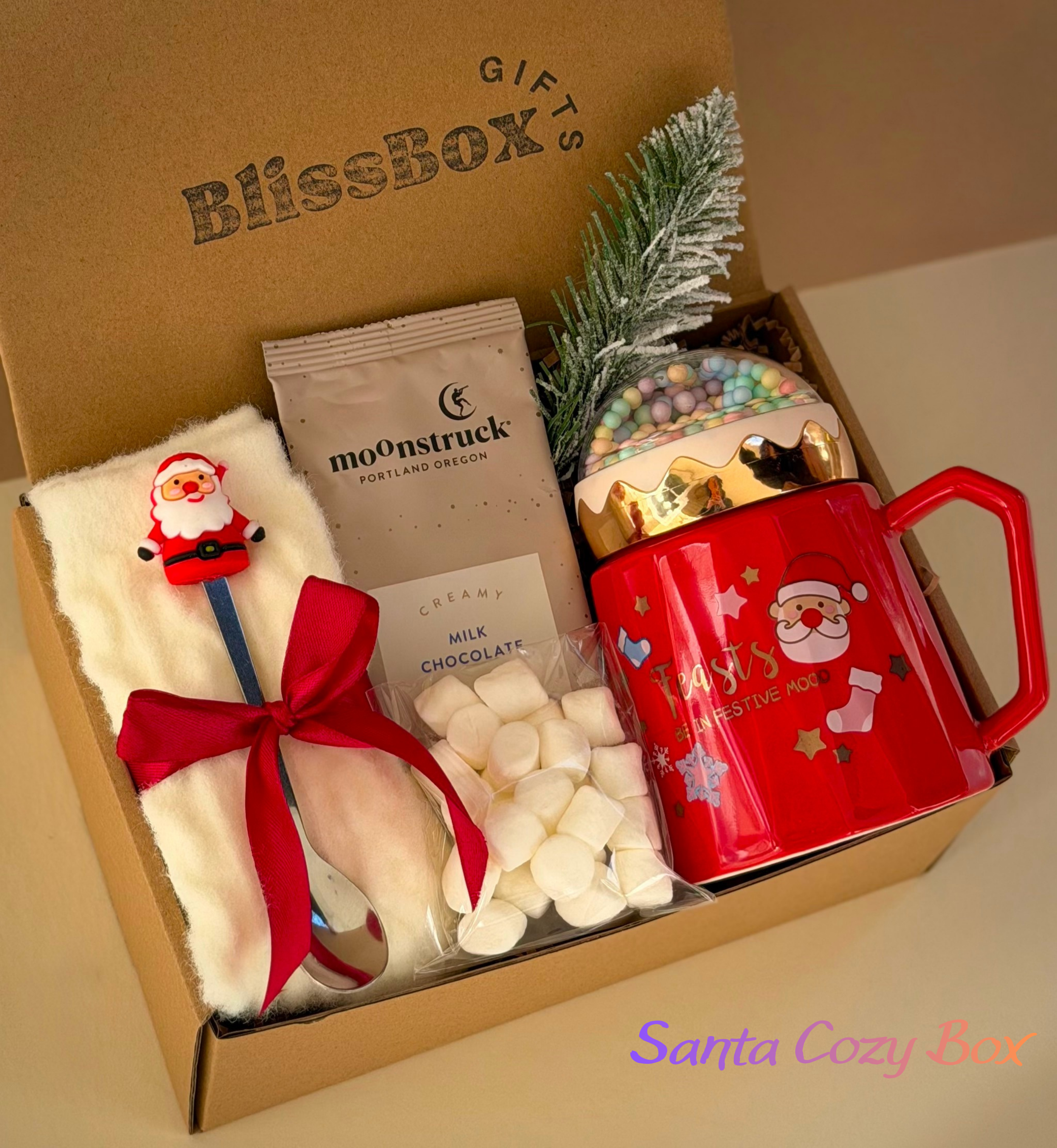 Christmas Gift Box, Holiday Hot Chocolate Set, Cozy Winter Gift Basket for Women, Mug & Blanket Christmas Treats – Santa Snow Box