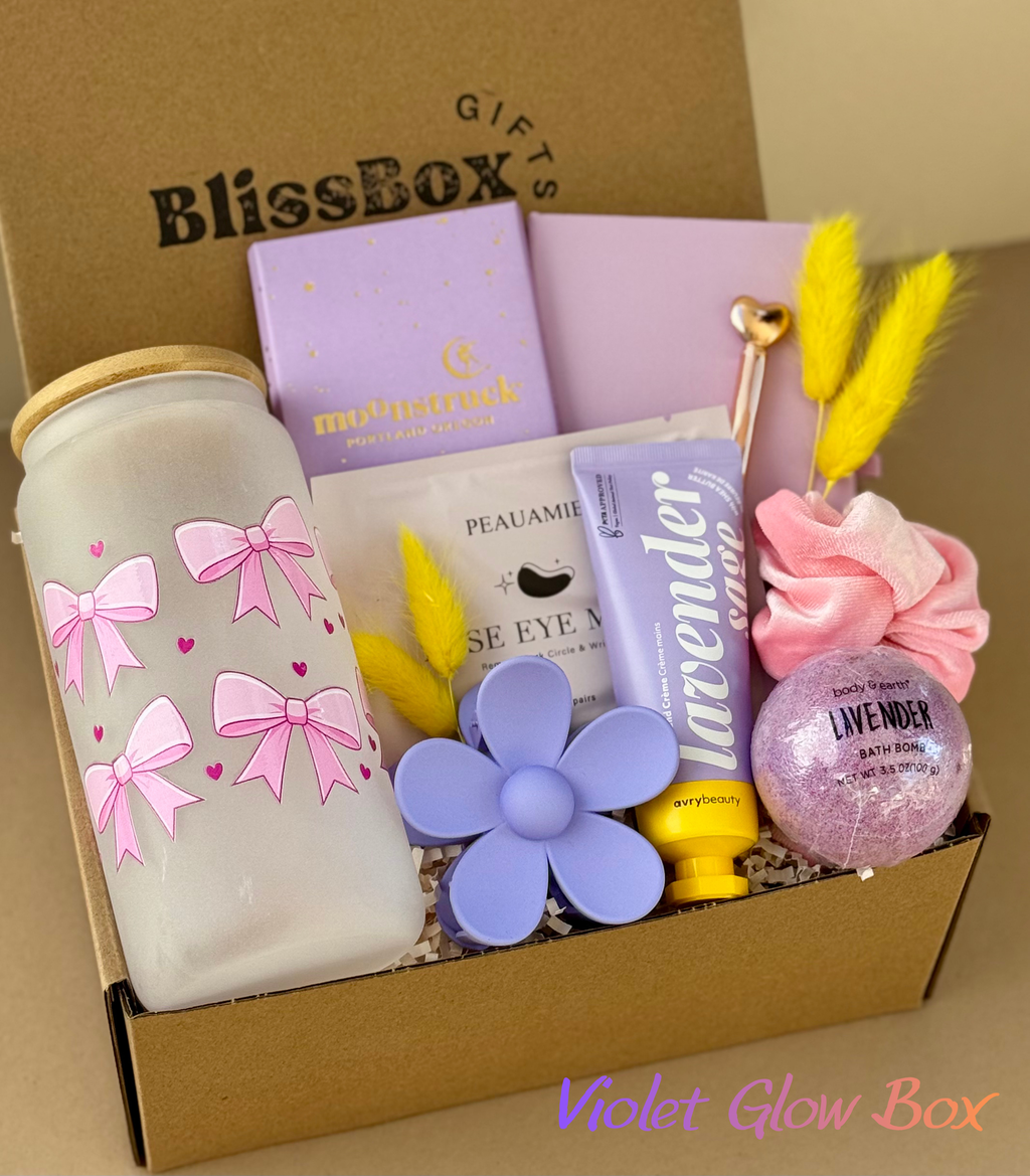 Gift Box for Women, Calming Candle & Treat Set, Stress Relief or Thank You Gift, Soothing Birthday Gift Idea | Violet Glow Box