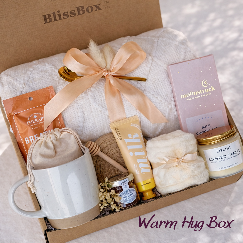 Cozy Self Care Gift Box for Her – Relaxation Spa Set with Blanket, Mug & Candle | Warm Hug