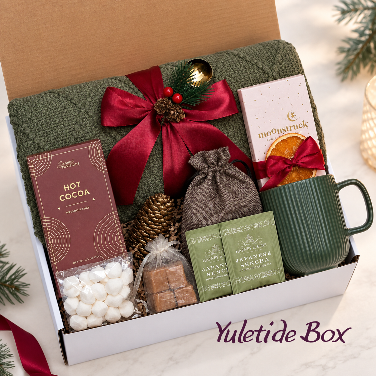 Yuletide Box, New Year Gift Box, Christmas Gift for Her or Him, Cozy Tea & Hot Cocoa Gift Set, Holiday Gift for Coworker Friend Family, Winter Self Care Gift Box